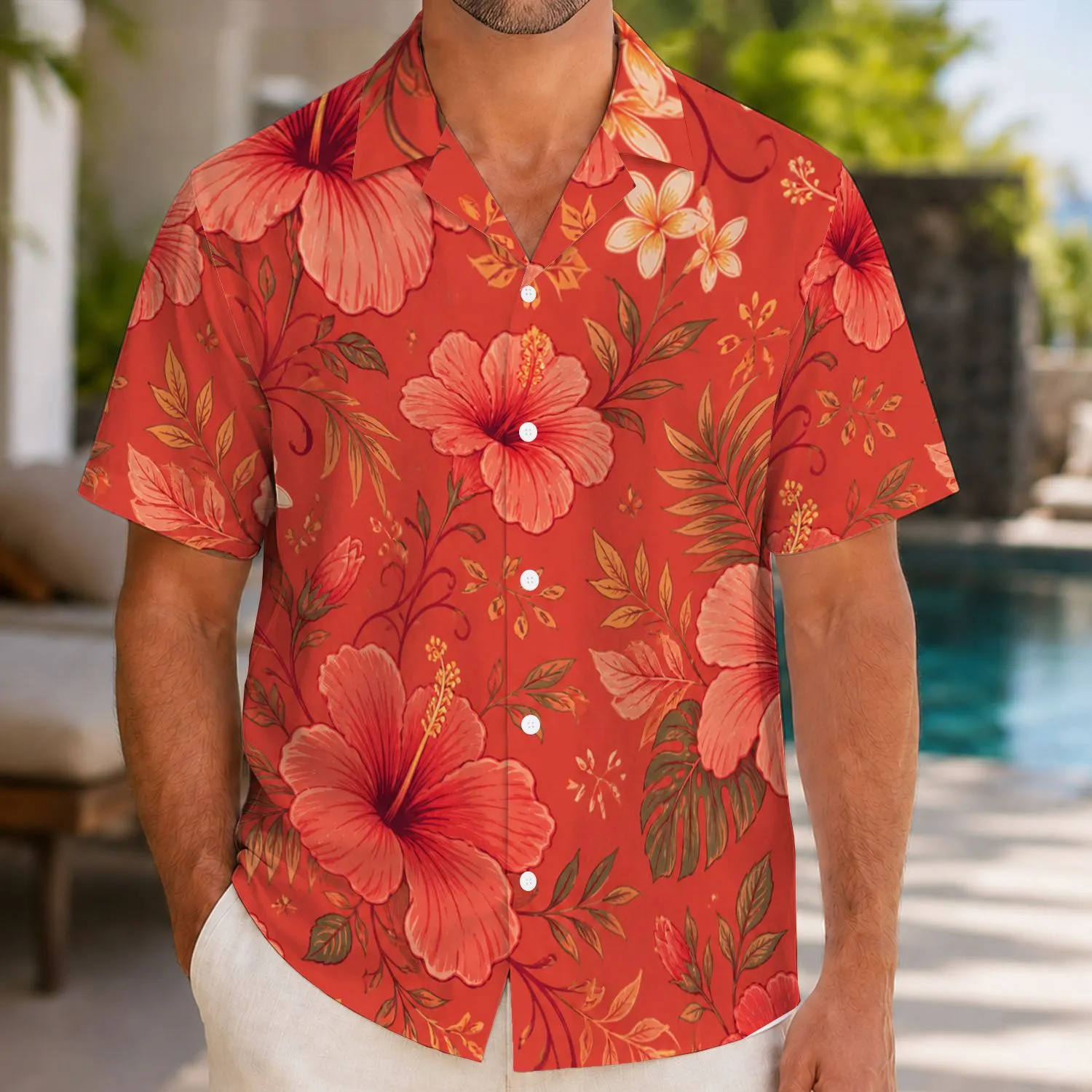 Red Hibiscus And Coral Vines For Beach Vacations And Summer Island Getaways For Men Hawaiian Shirt - 1