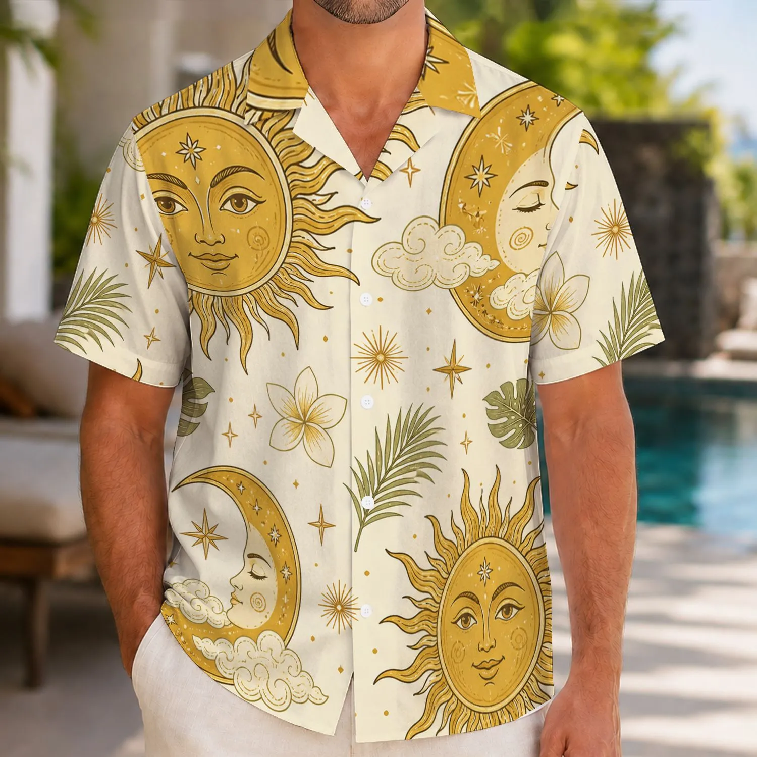 Golden Sun and Crescent Moon Motifs for Beach Vacations and Everyday Menswear Hawaiian Shirt - 1