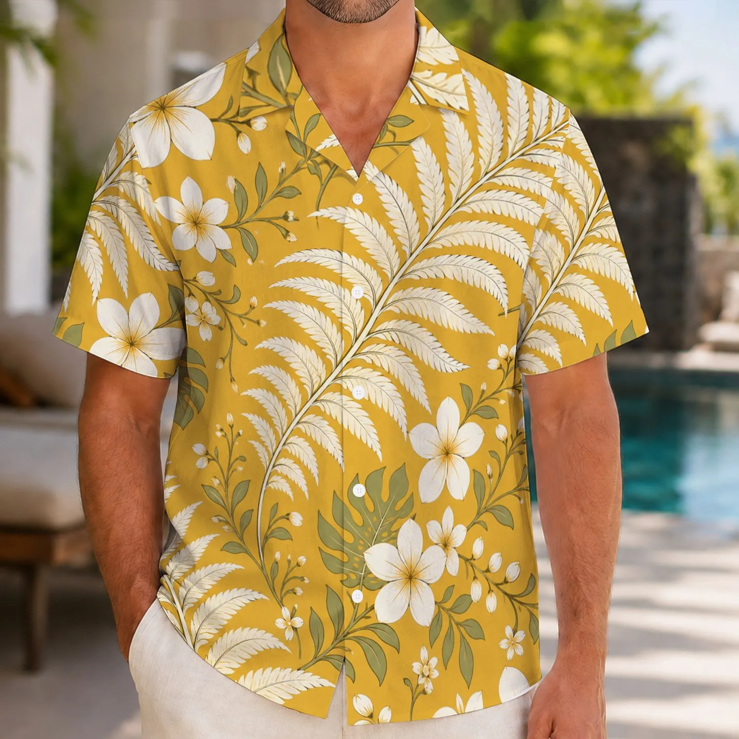 Golden Frangipani and Ferns for Beach Holidays, Resort Days, and Island Getaways Hawaiian Shirt - 1