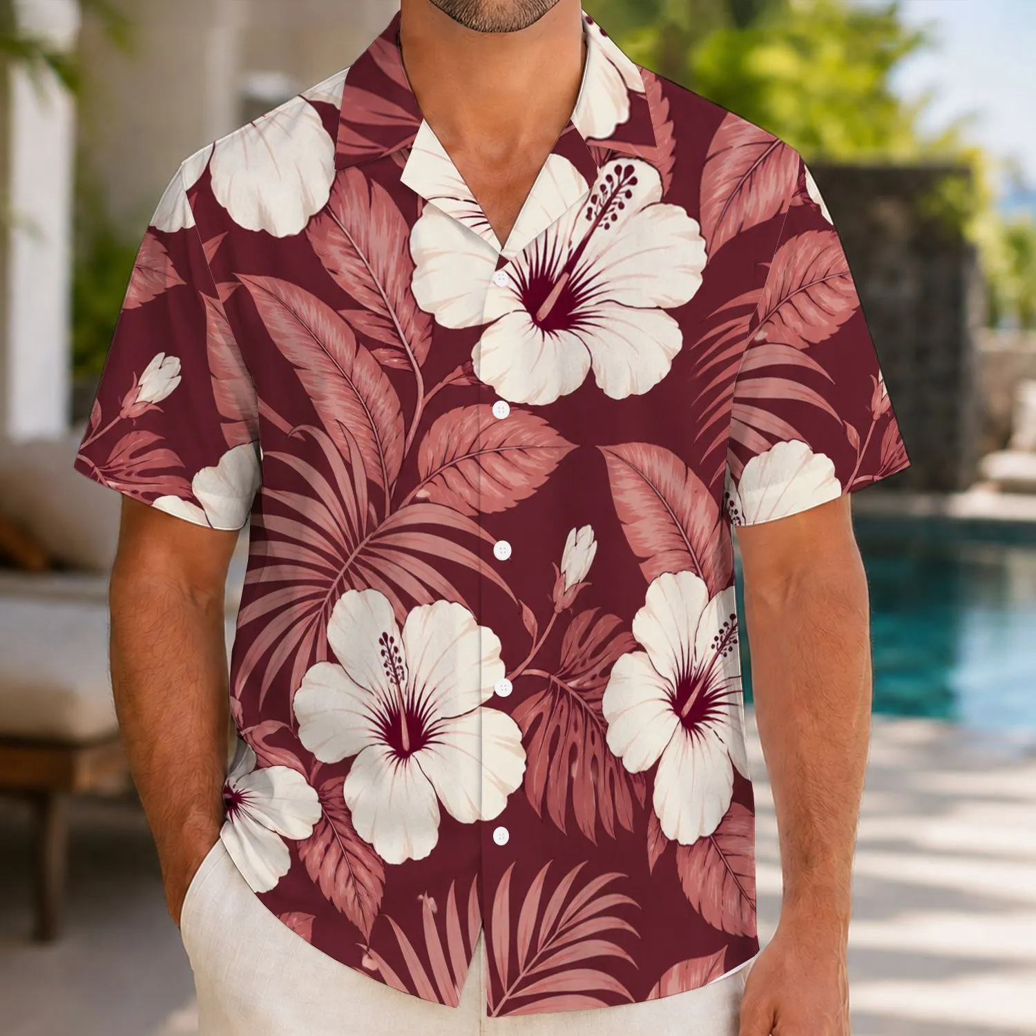 White Hibiscus and Tropical Leaves for Island Vacations, Beach Days, and Resort Wear Hawaiian Shirt - 1