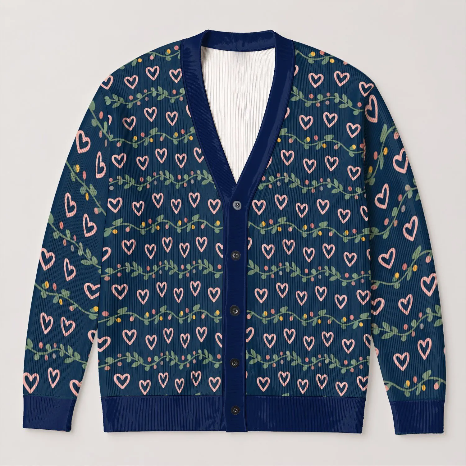Navy Heart Vine Rows For Romantic Everyday Layering And Holiday Gatherings For Women All-over Print Knitted Cardigan - 1