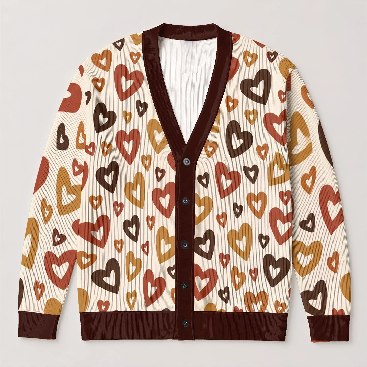 Warm Retro Heart Motif For Cozy Everyday Layering, Date Nights, And Valentine Style All-over Print Knitted Cardigan - 1