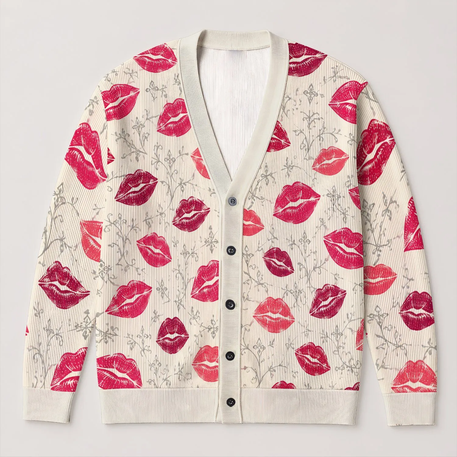 Pink Red Lip Motifs for Date Nights, Beach Getaways, and Romantic Summer Style for Women All-over Print Knitted Cardigan - 1