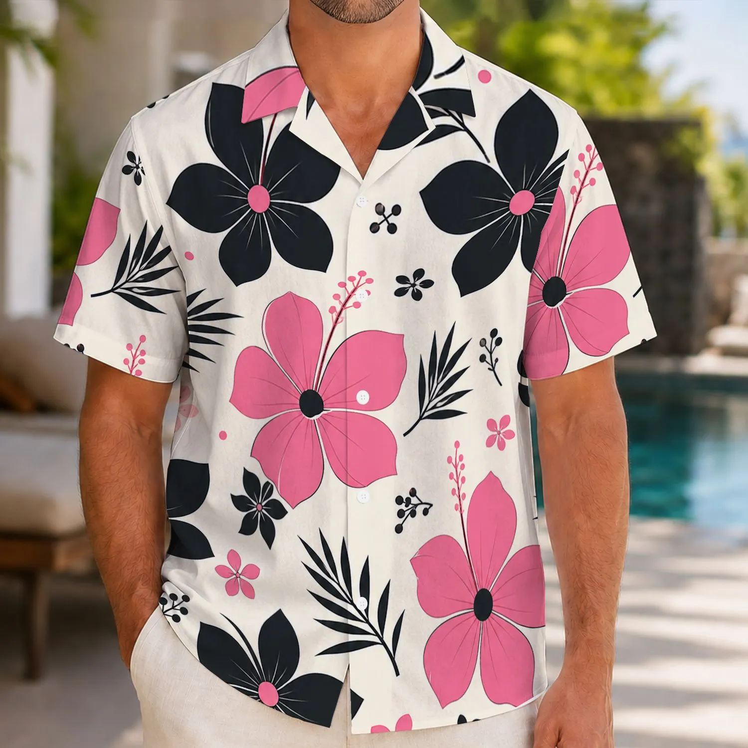 Pink And Black Tropical Flowers For Beach Vacations And Resort Weekends, Gift For Men Hawaiian Shirt - 1