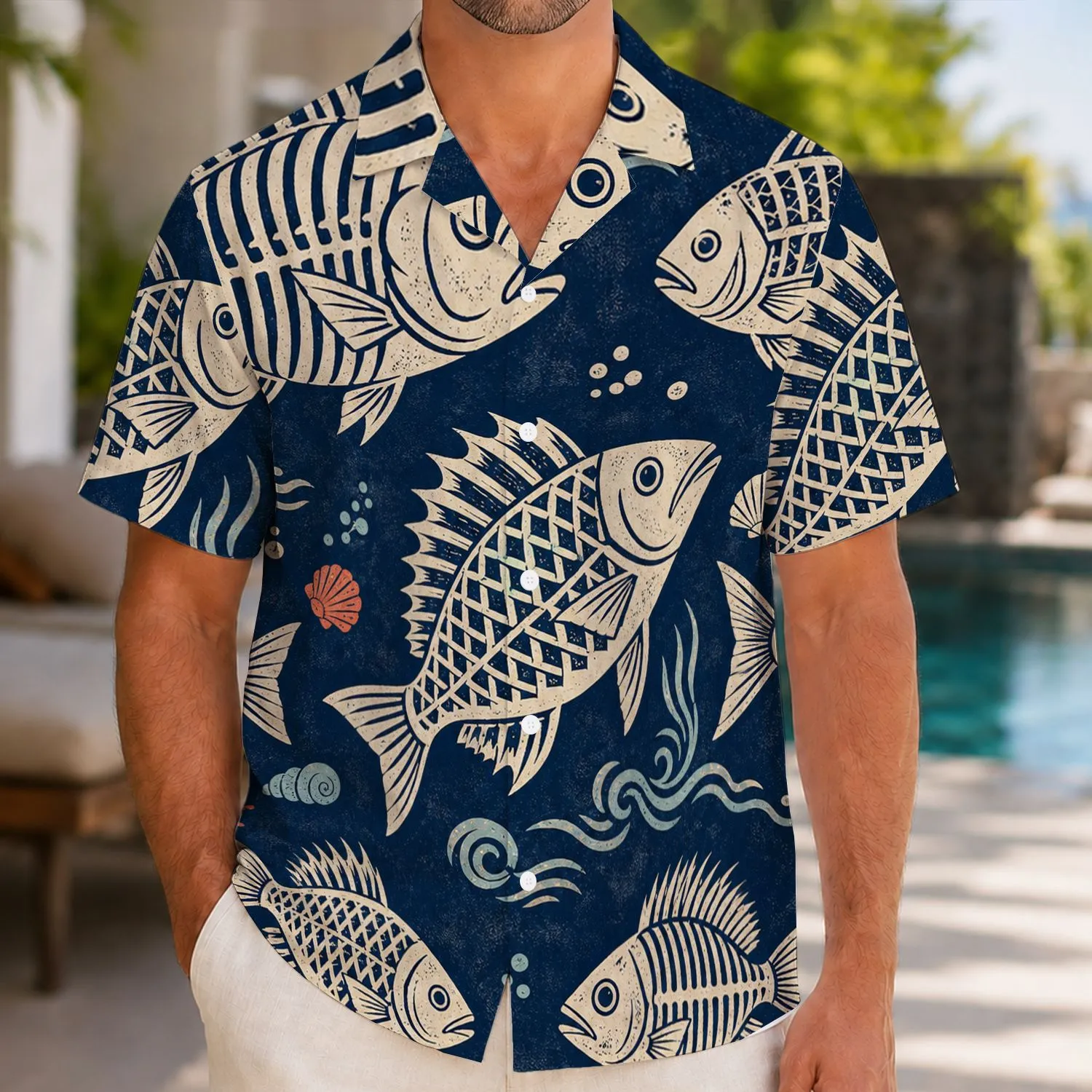 Retro Fossil Fish Ocean Motif for Beach Vacations and Coastal Summer Getaways for Men Hawaiian Shirt - 1