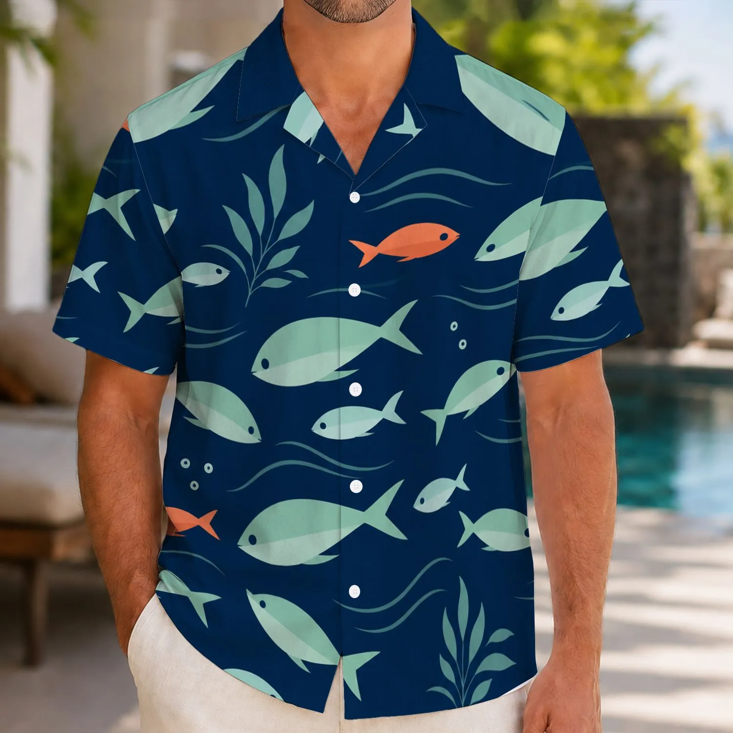 Retro Mint Fish And Coral Orange Ocean Scene For Beach Vacations And Summer Travel Hawaiian Shirt - 1