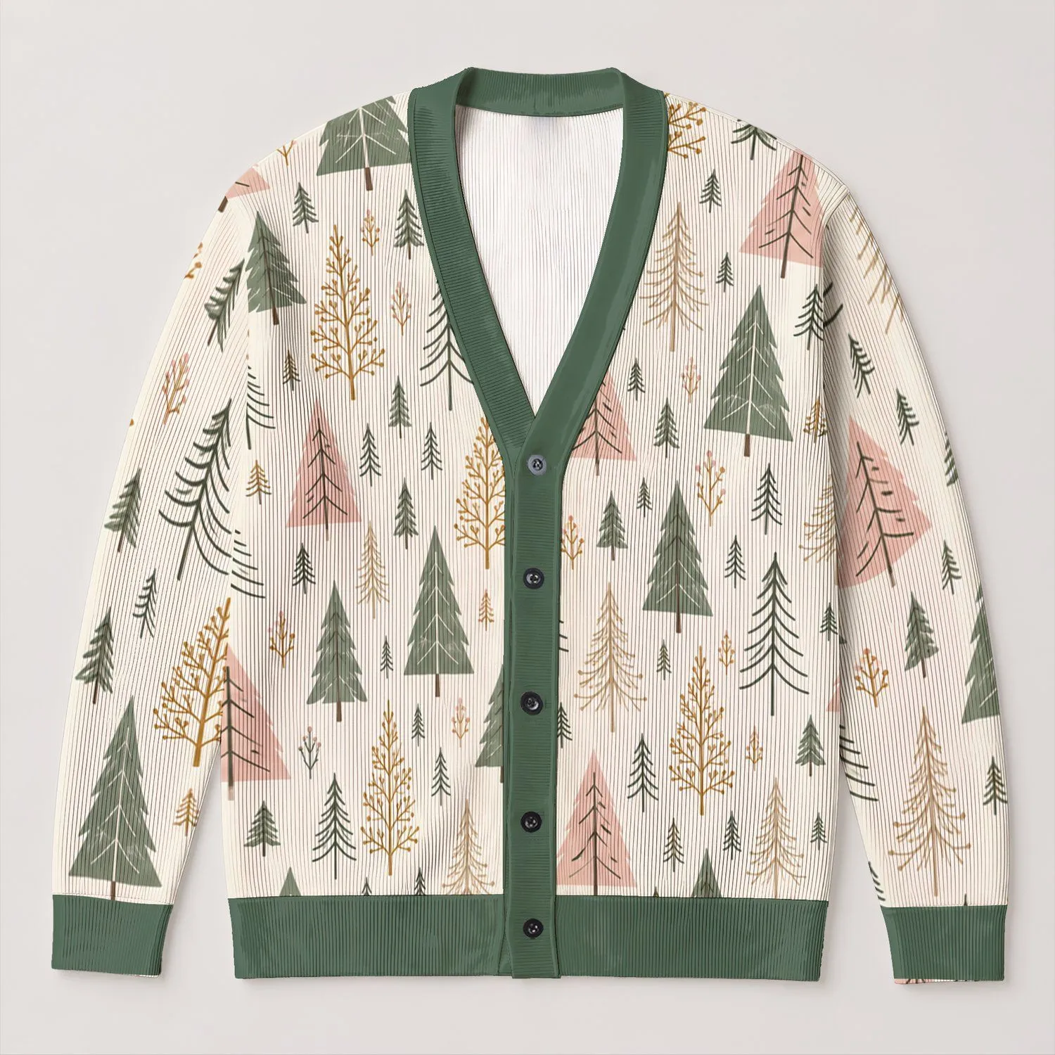 Evergreen Tree Forest Motifs for Cozy Winter Layering in Soft Pastel Woodland Style All-over Print Knitted Cardigan - 1