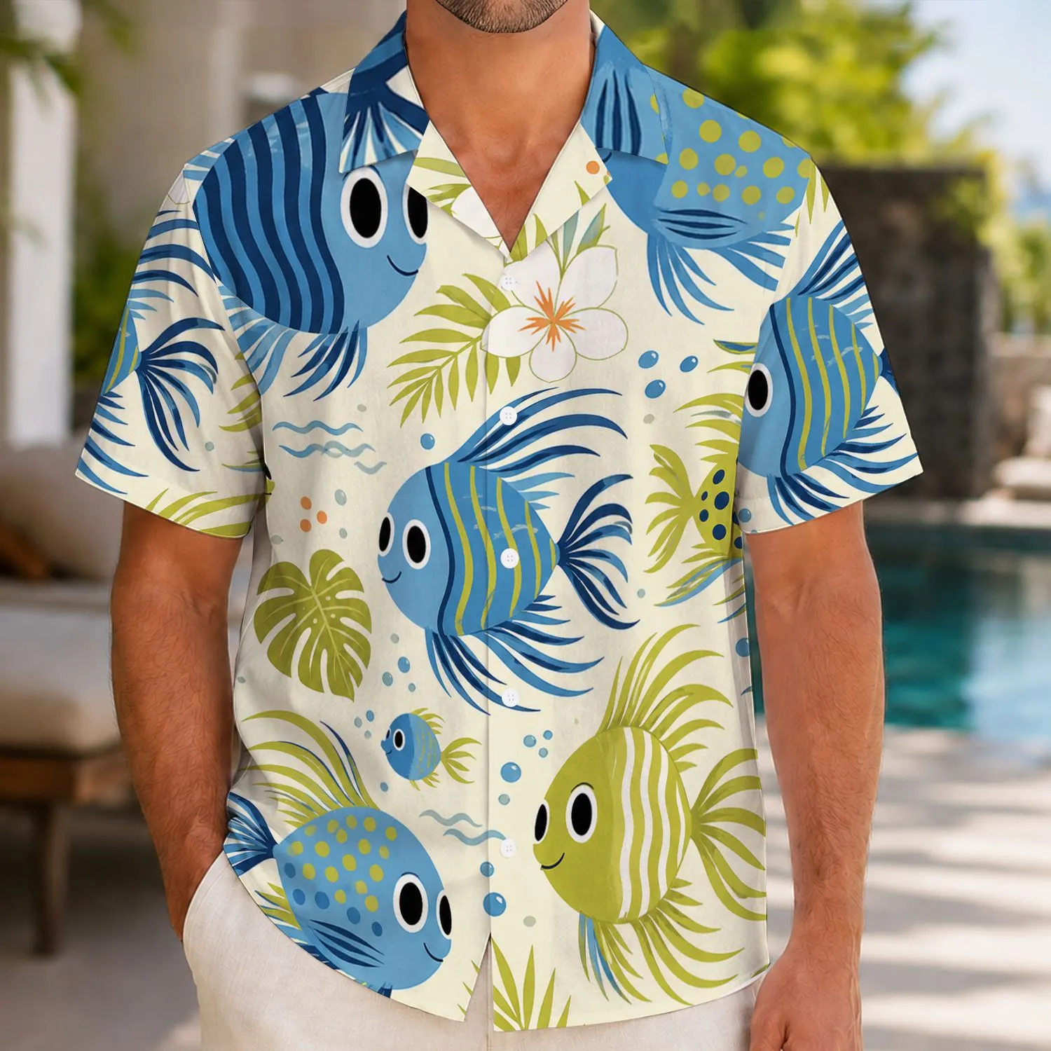 Playful Blue Fish And Tropical Foliage For Beach Getaways And Island Weekends For Men Hawaiian Shirt - 1