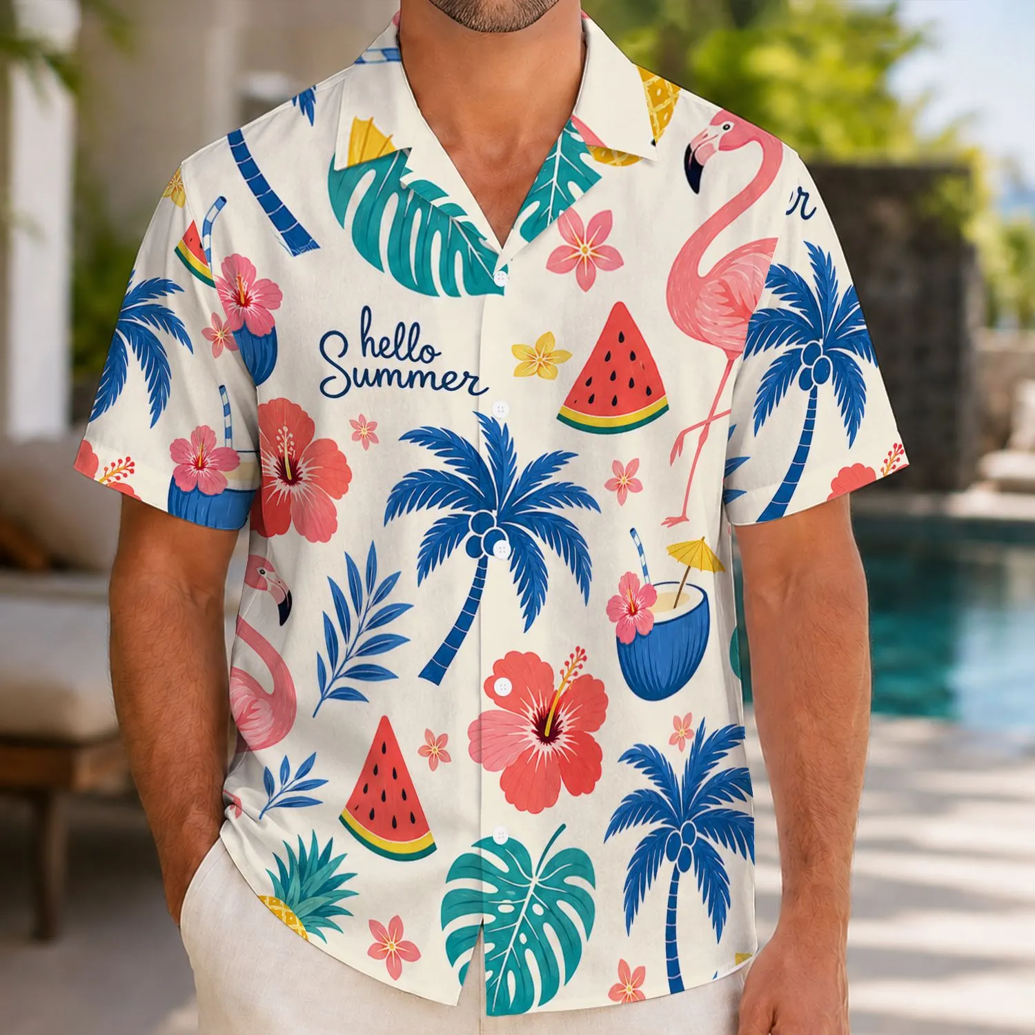 Tropical Flamingo Pineapple And Watermelon Motifs For Seaside Vacations For Men Hawaiian Shirt - 1