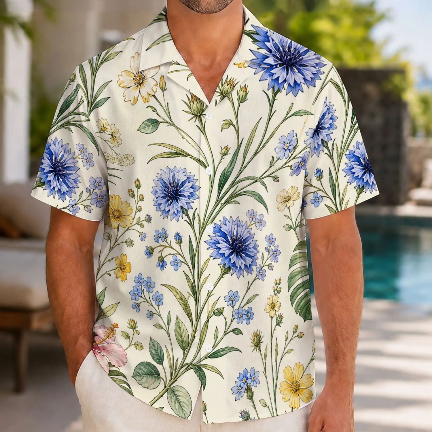Blue Wildflower Garden With Green Leaves For Resort Days And Coastal Getaways For Men Hawaiian Shirt - 1