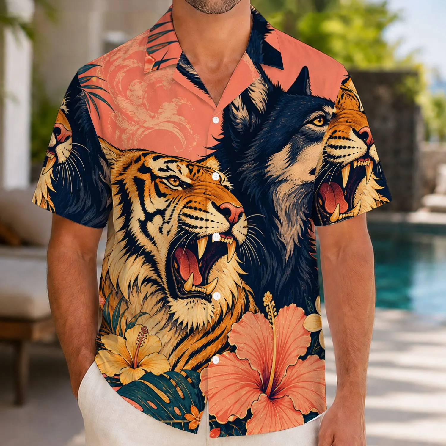 Roaring Tiger and Wolf Portrait for Beach Vacations and Summer Adventure Travel Men Hawaiian Shirt - 1
