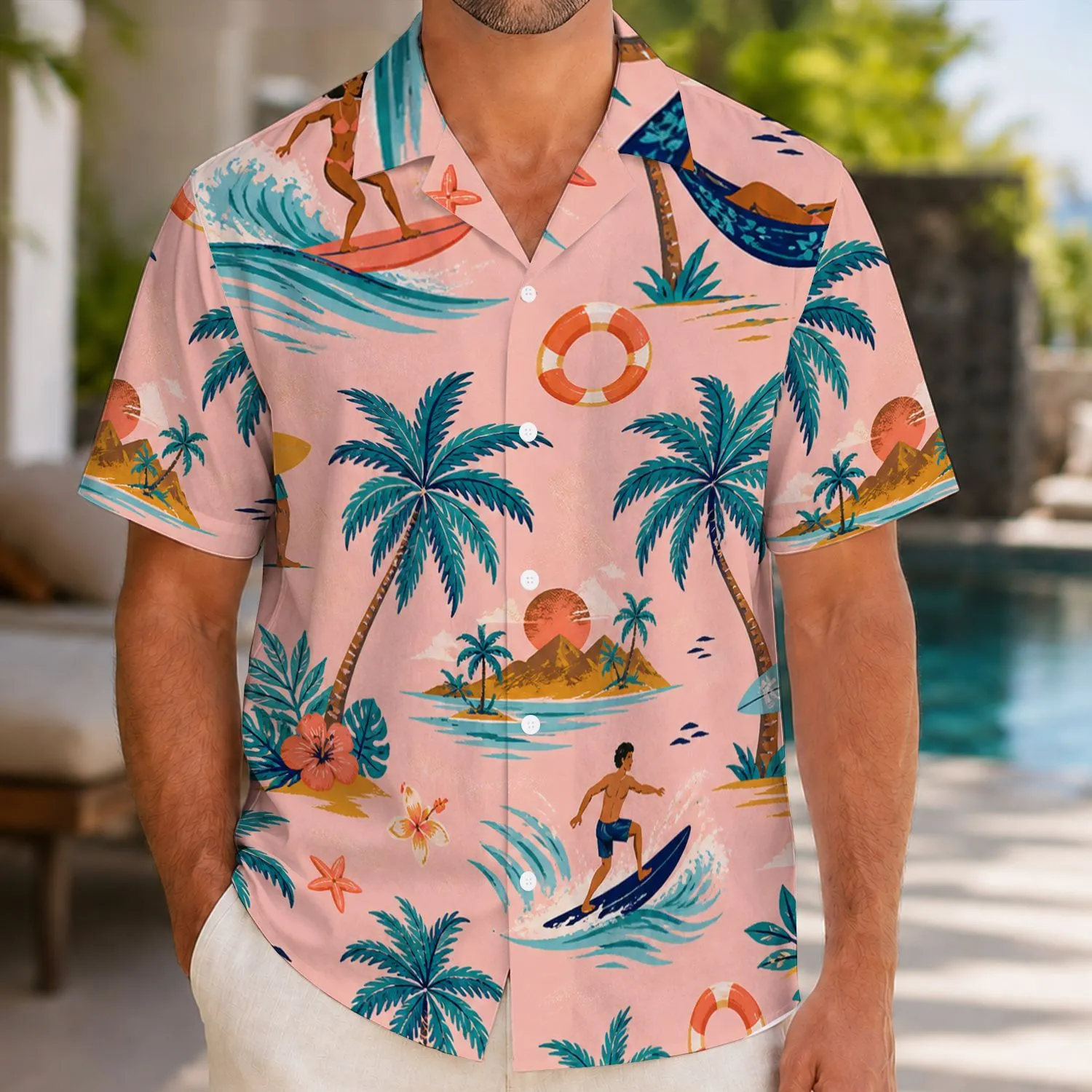 Retro Palm Trees, Surfers And Beach Rings For Sunny Island Vacations For Men Hawaiian Shirt - 1