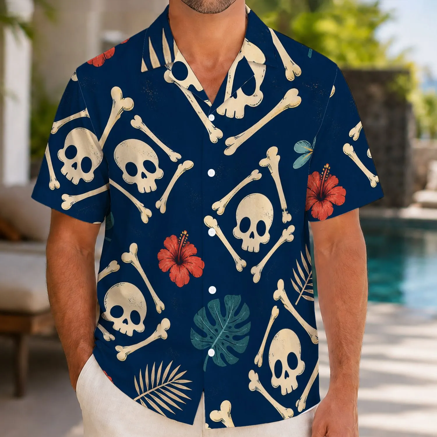 Skull Bones And Island Fronds For Beach Getaways And Bold Vacation Style For Men Hawaiian Shirt - 1