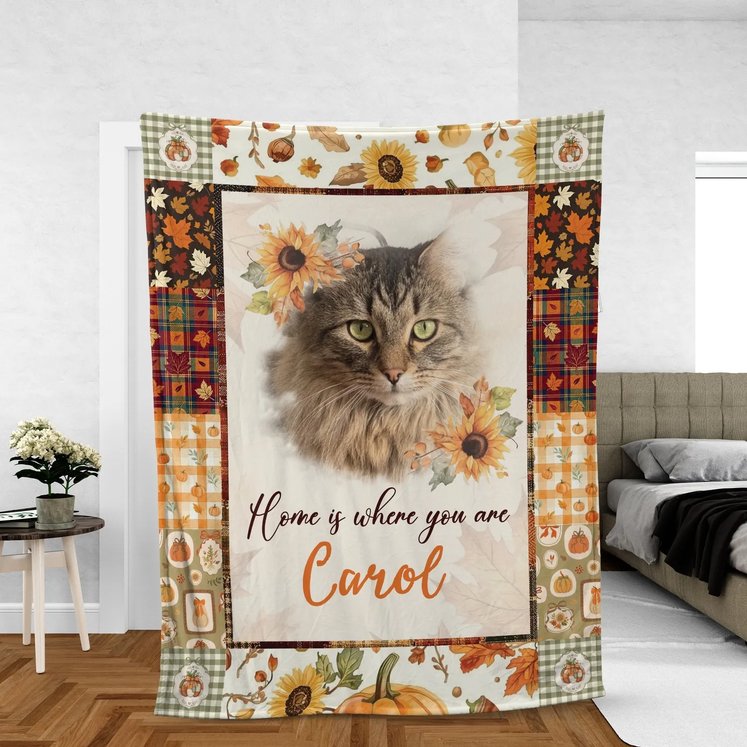 Personalized Fall Cat Photo Blanket – Custom Autumn Pet Fleece Throw, Thanksgiving Gift for Cat Mom Dad - 1
