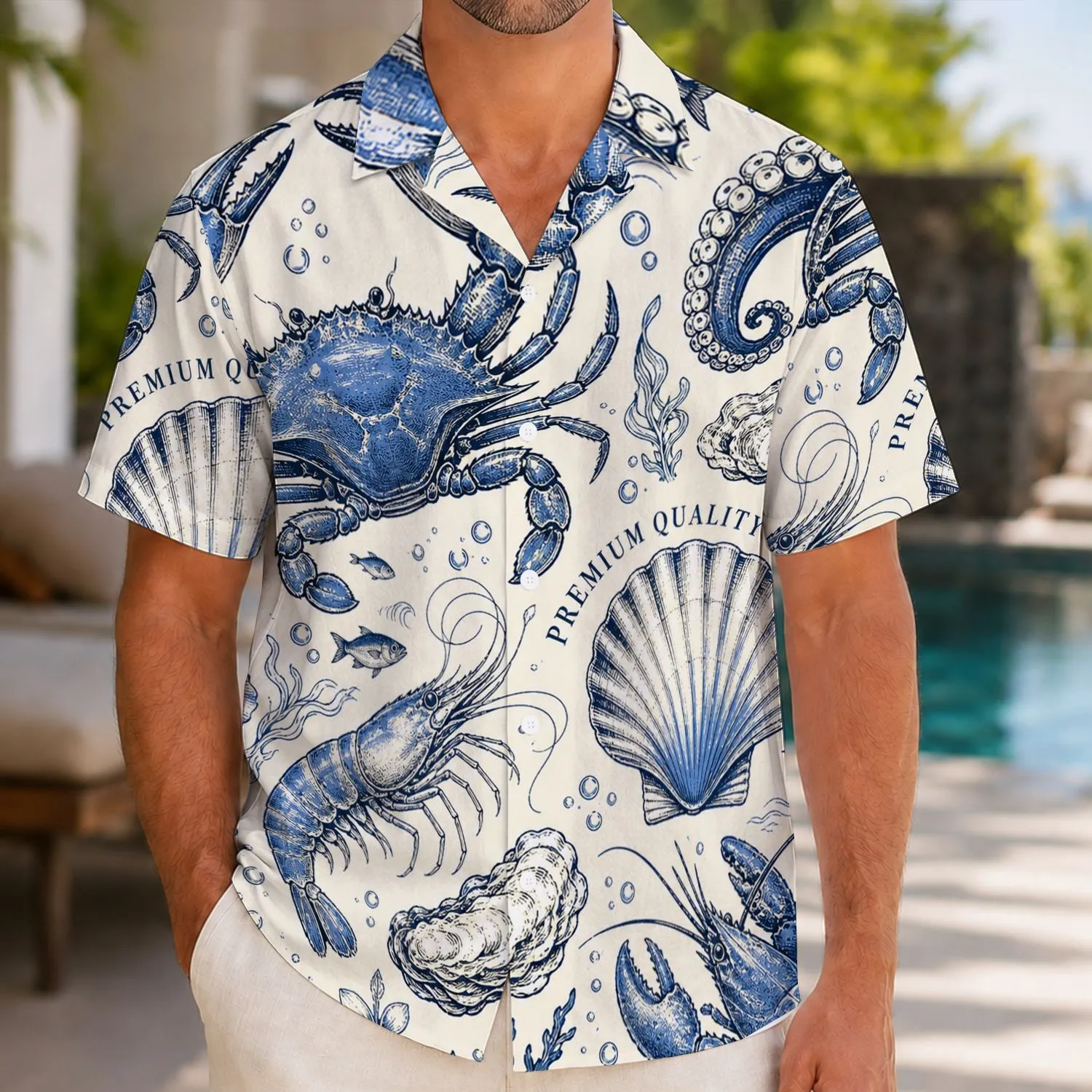 Navy Seafood Collection for Coastal Summer Gatherings and Beach Dining, Men’s Style Hawaiian Shirt - 1