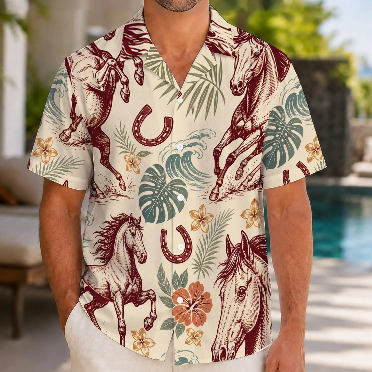 Western Horse Horseshoe Motifs for Beach Holidays and Ranch Weekends, Men's Style Hawaiian Shirt - 1