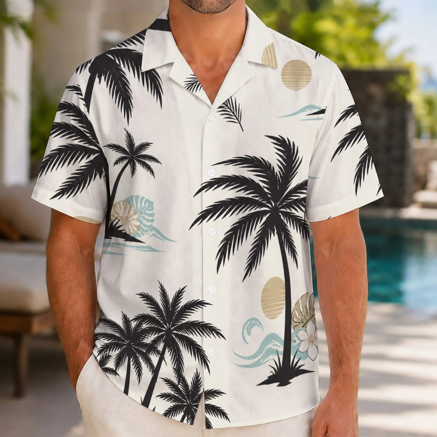 Black Palm Tree Silhouettes for Tropical Vacations and Beach Getaways, Men's Resort Style Hawaiian Shirt - 1
