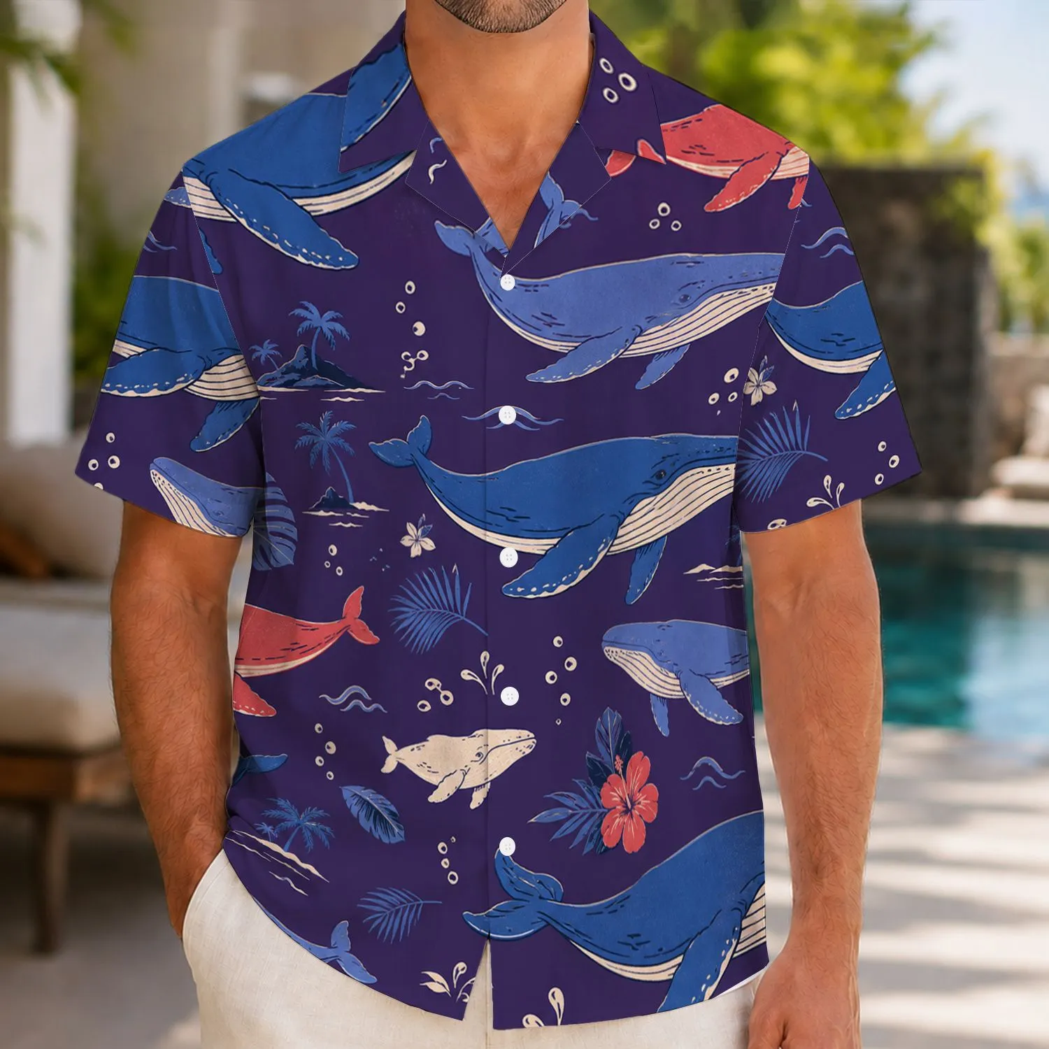 Blue Whale Ocean Scene for Beach Vacations and Coastal Getaways, Relaxed Men's Style Hawaiian Shirt - 1