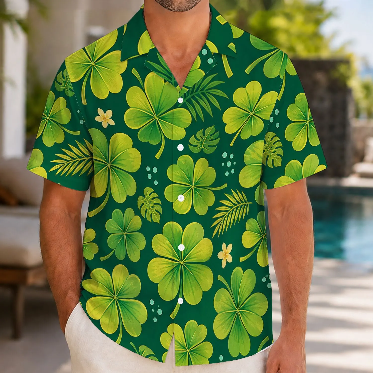 Lucky Clover Tropical Green Theme for St. Patrick's Day Beach Vacations and Men Everywhere Hawaiian Shirt - 1