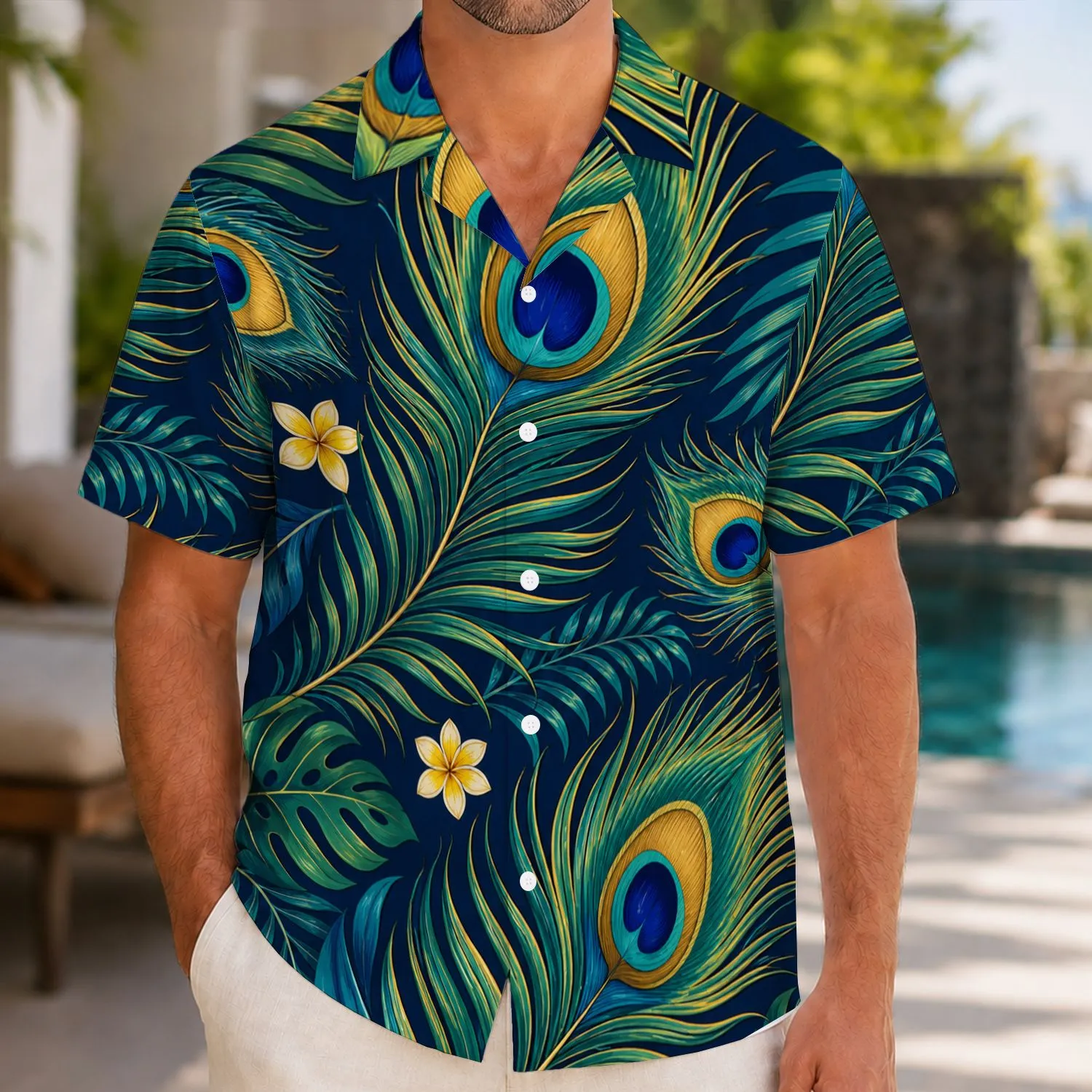 Peacock Feather and Tropical Frond Motif for Resort Getaways and Summer Beach Style Hawaiian Shirt - 1