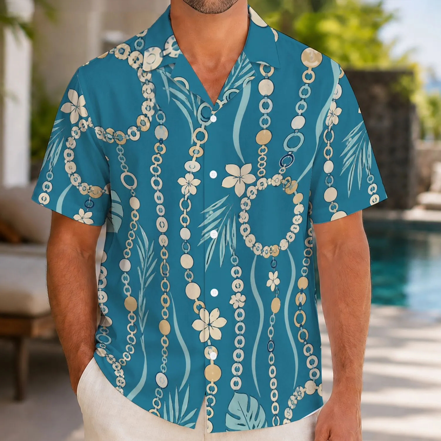 Teal Ocean Bead Lines And Island Botanicals For Coastal Resort Summer Days For Men Hawaiian Shirt - 1