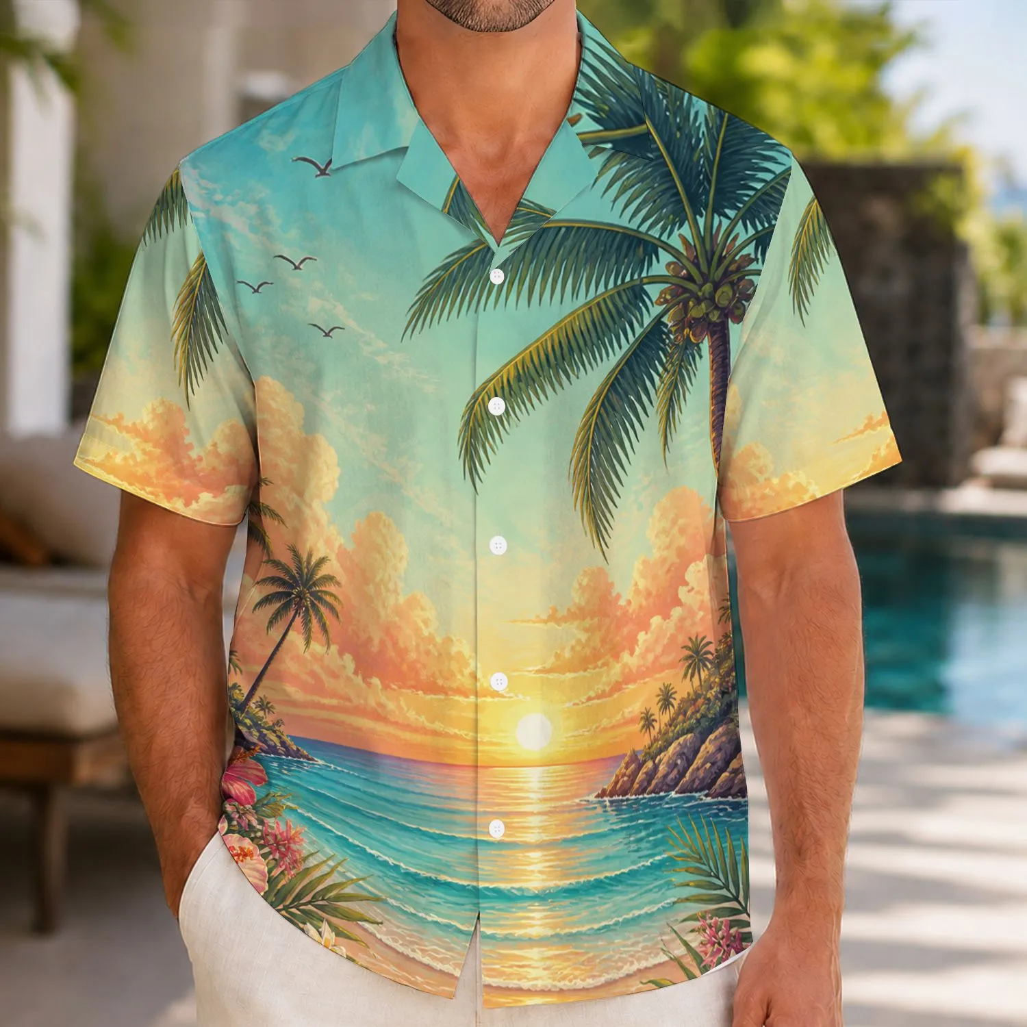 Tropical Palm Beach Sunset Scene For Island Getaways And Men's Summer Vacations Hawaiian Shirt - 1
