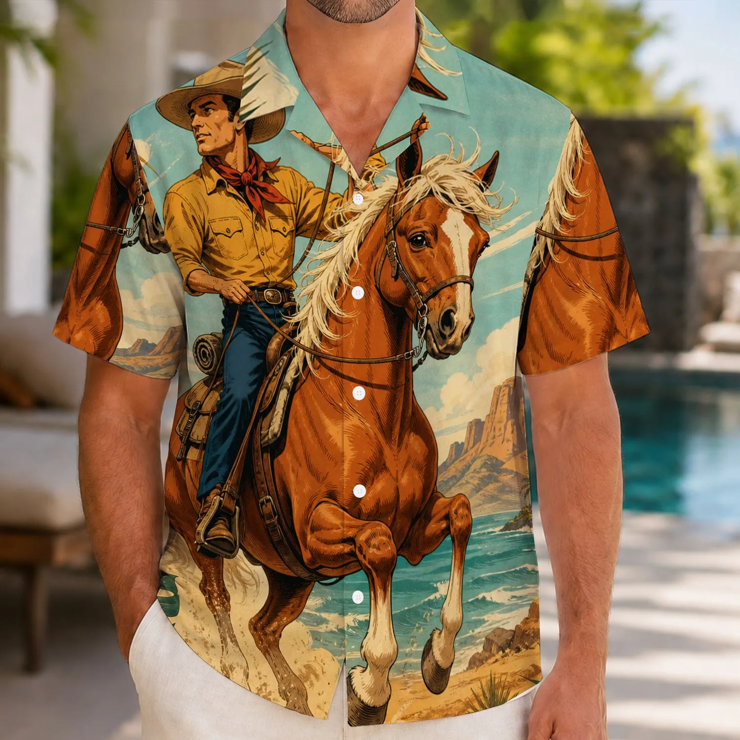 Western Cowboy Riding Horse Scene for Beach Vacations and Ranch Getaways for Men Hawaiian Shirt - 1