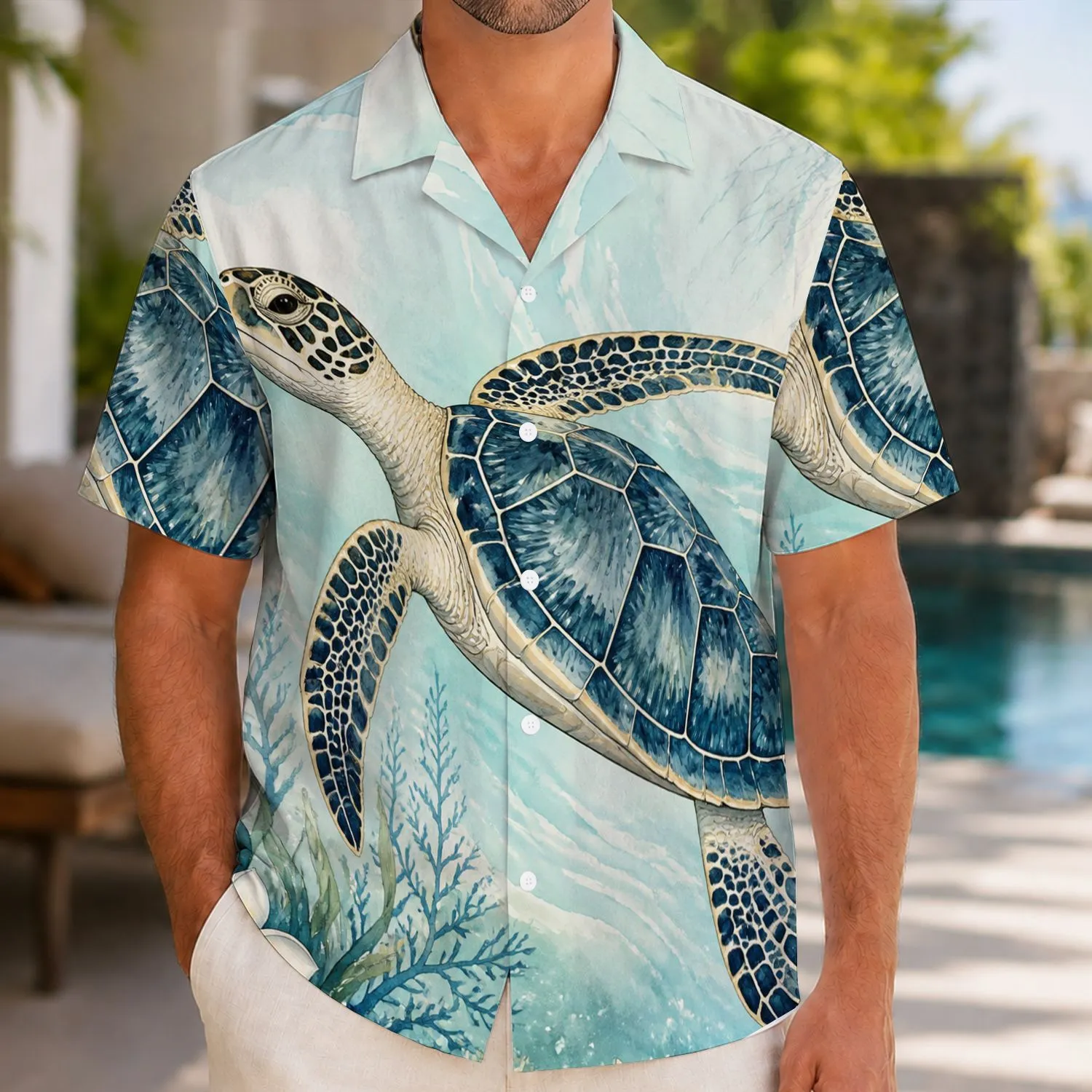 Sea Turtle Ocean Scene for Summer Beach Vacations, Island Getaways, and Men’s Travel Hawaiian Shirt - 1