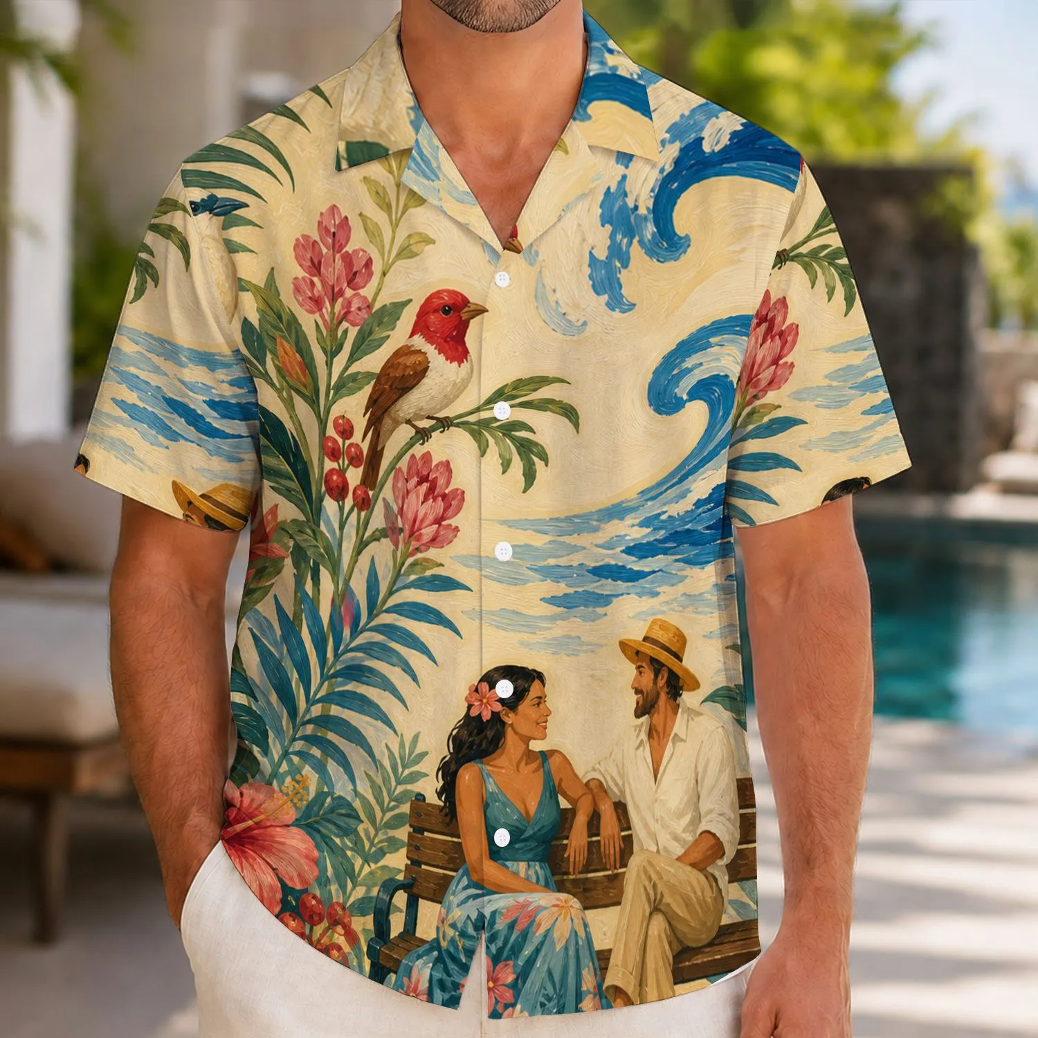 Tropical Birds, Flowers And Ocean Waves For Beach Holidays, Island Getaways By The Sea Hawaiian Shirt - 1