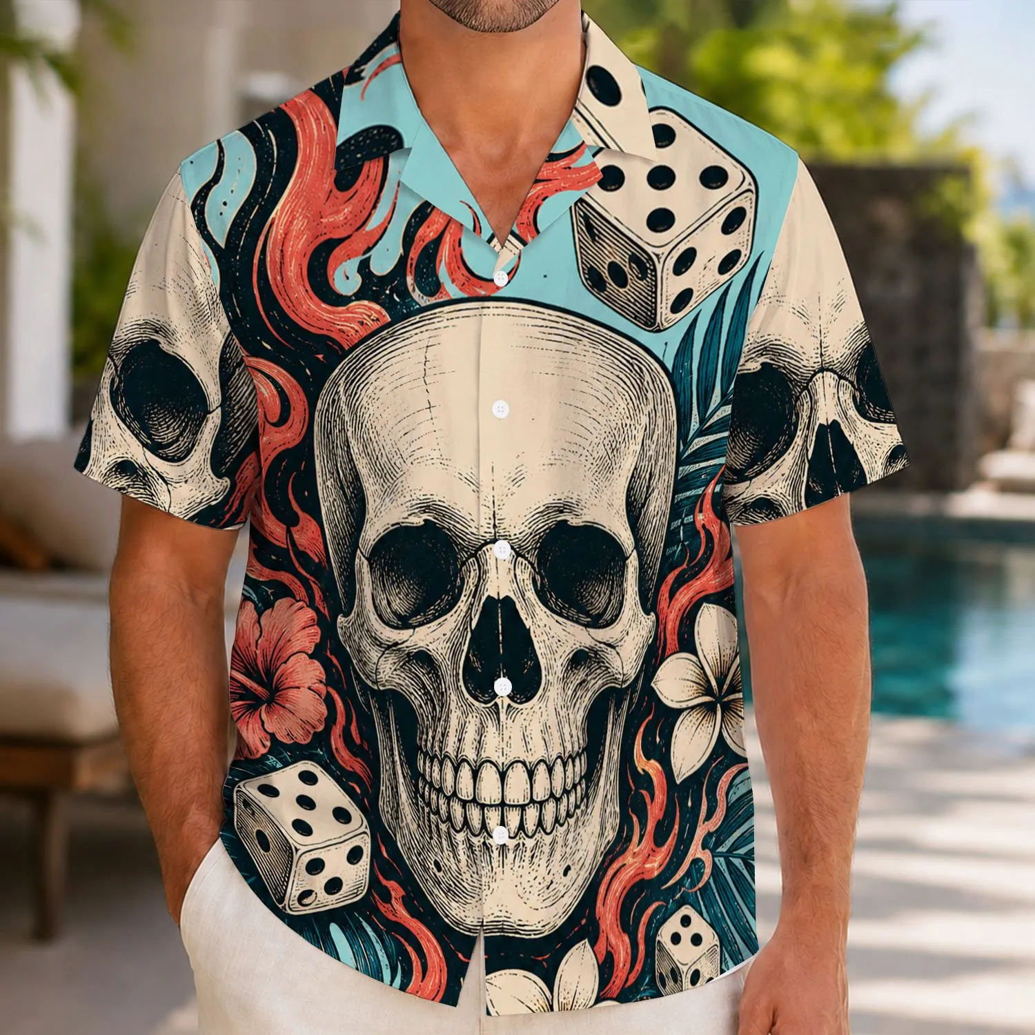 Bold Skull Dice and Flame Motif for Beach Parties and Casual Vacation Wear for Men Hawaiian Shirt - 1