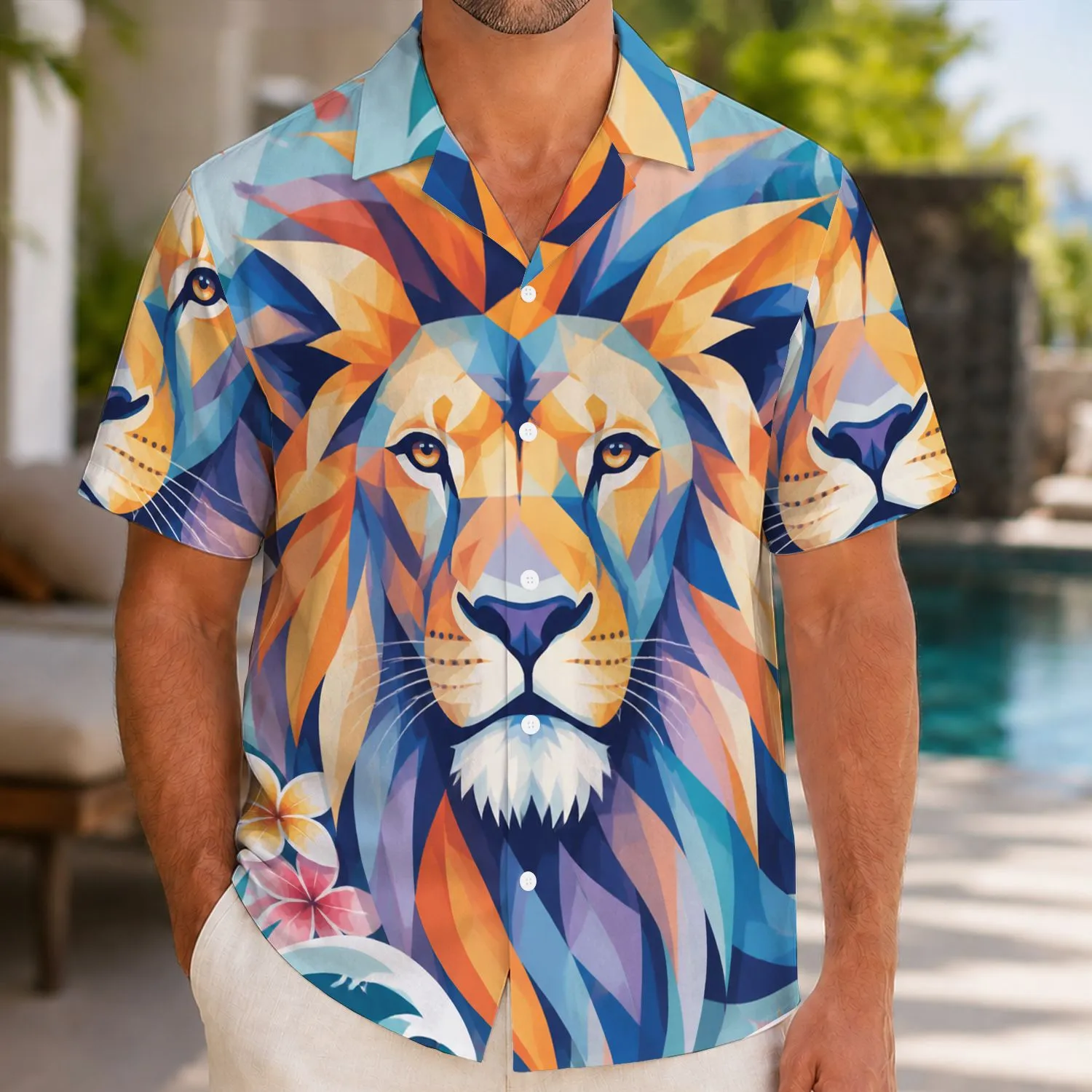 Bold Geometric Lion Portrait for Tropical Getaways and Summer Resort Style for Men Hawaiian Shirt - 1