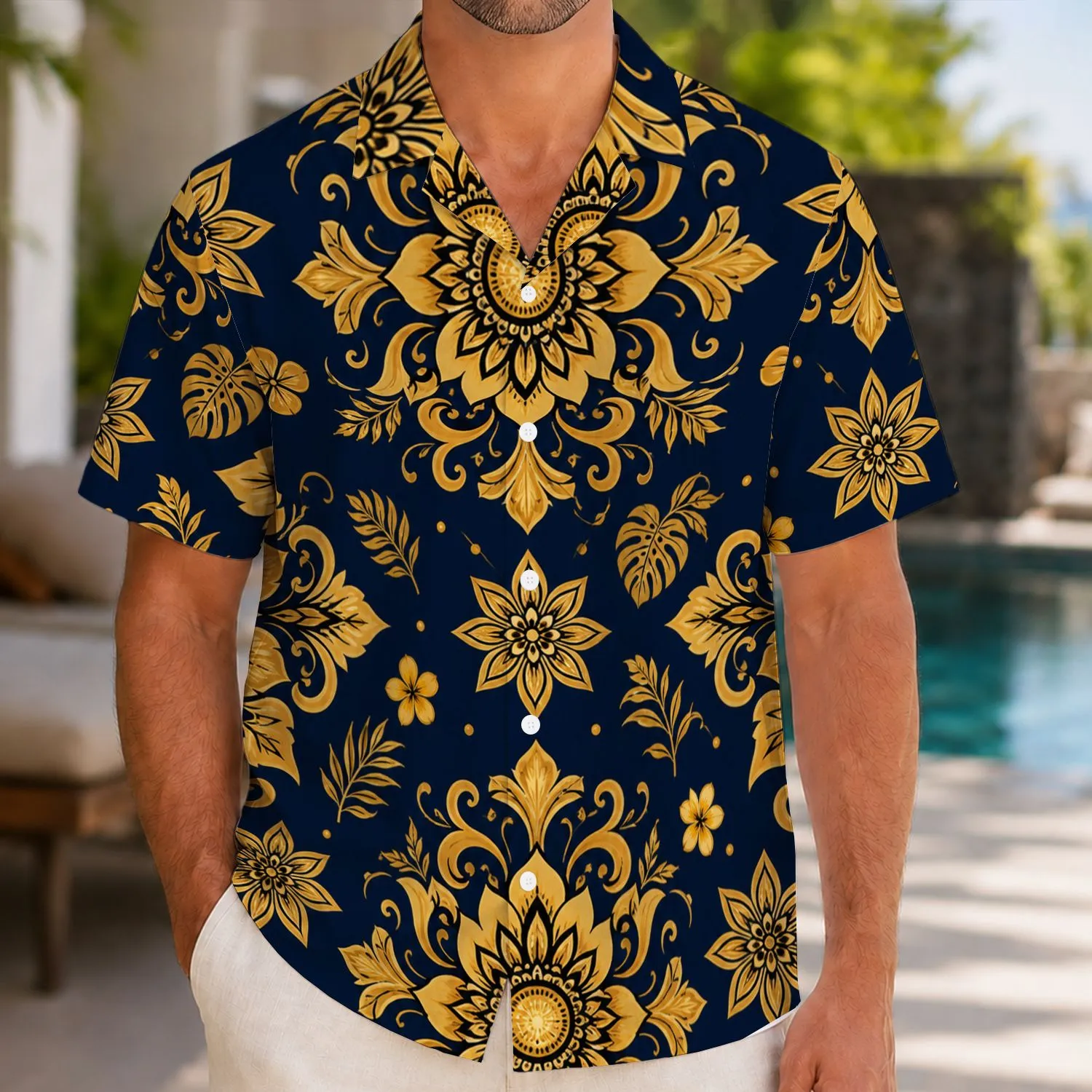 Golden Mandala Floral Medallions for Resort Vacations and Elegant Outdoor Wear for Men Hawaiian Shirt - 1