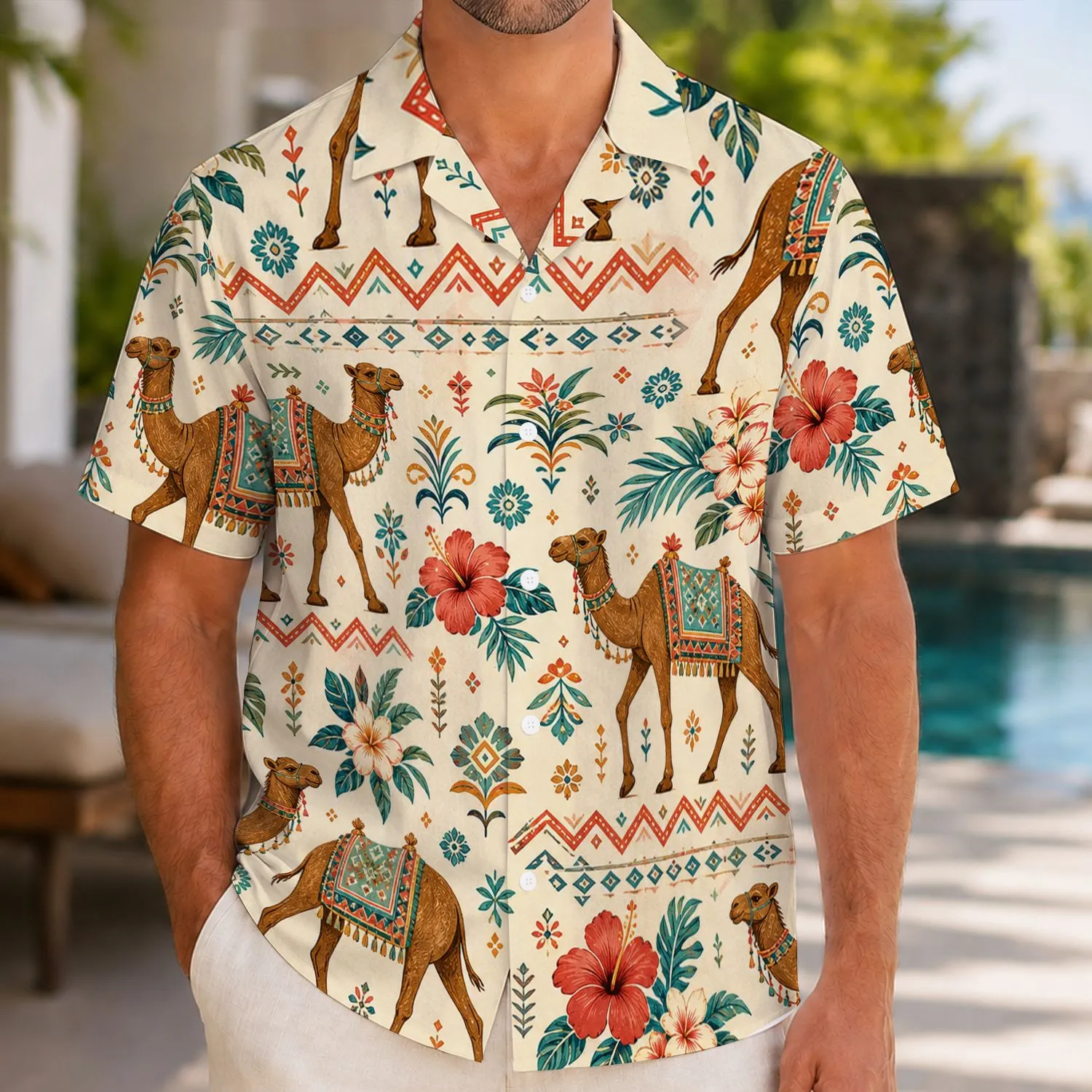 Camel Caravan and Tropical Blooms for Sunny Resort Escapes, Boho Vacation Travelers Hawaiian Shirt - 1