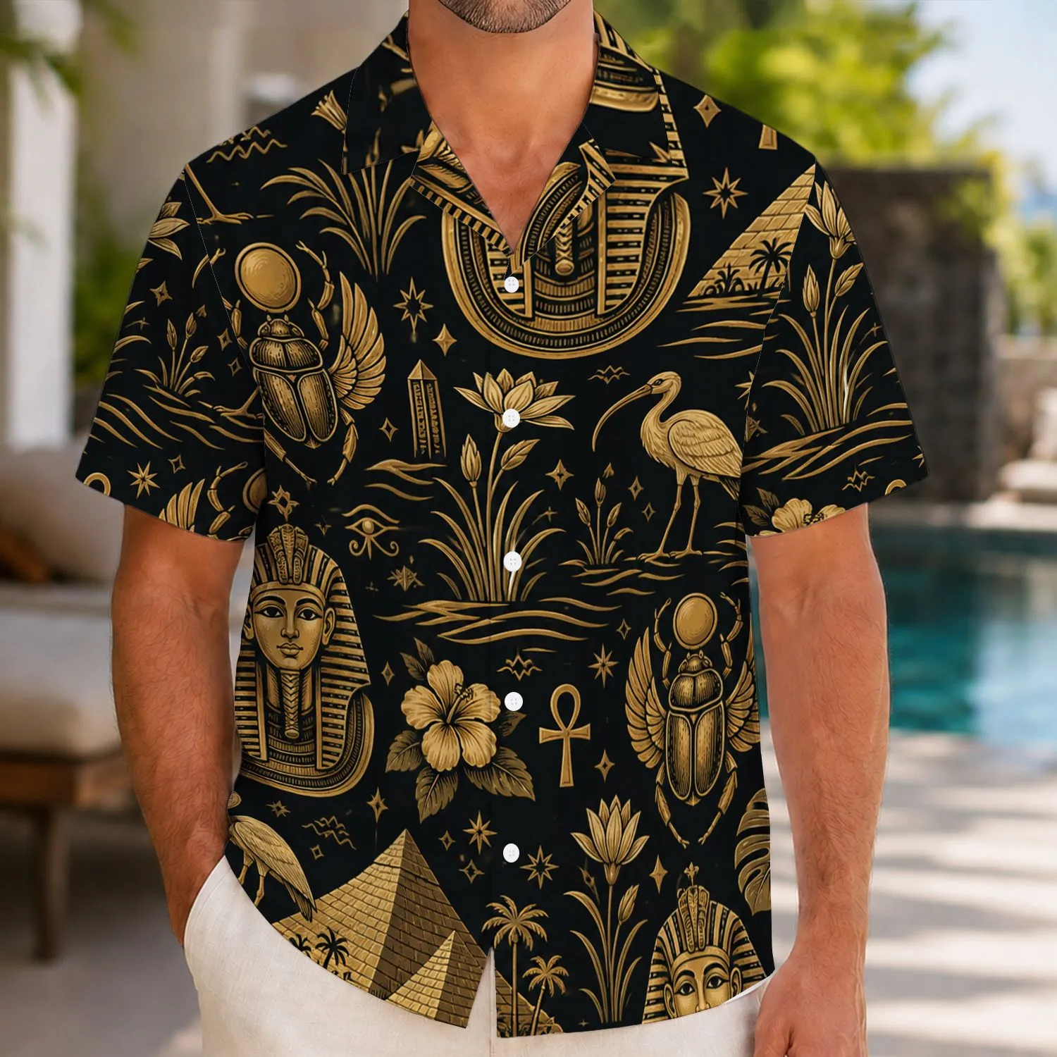 Egyptian Pharaoh Scarabs and Pyramids for Resort Travel, Summer Nights, and Modern Men Hawaiian Shirt - 1