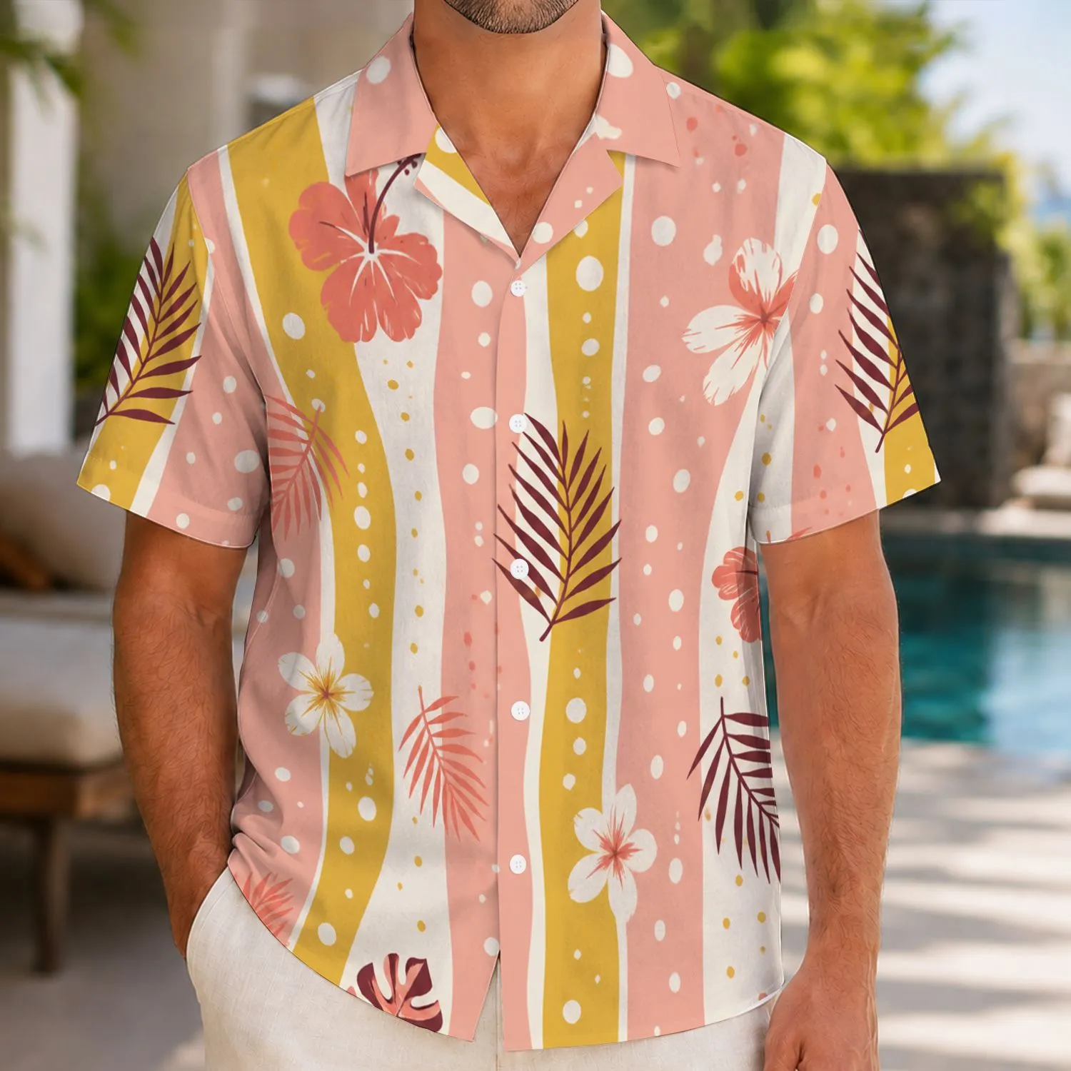 Pink Mustard Stripe And Polka Dot Resort Style For Beach Holidays And Summer Travel Hawaiian Shirt - 1