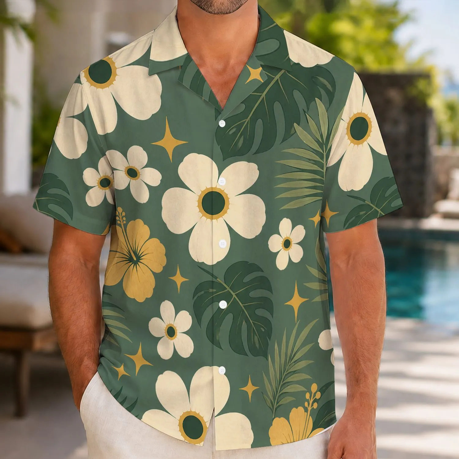 Cream Daisy And Golden Star Motifs For Sunny Island Getaways And Resort Weekends Hawaiian Shirt - 1
