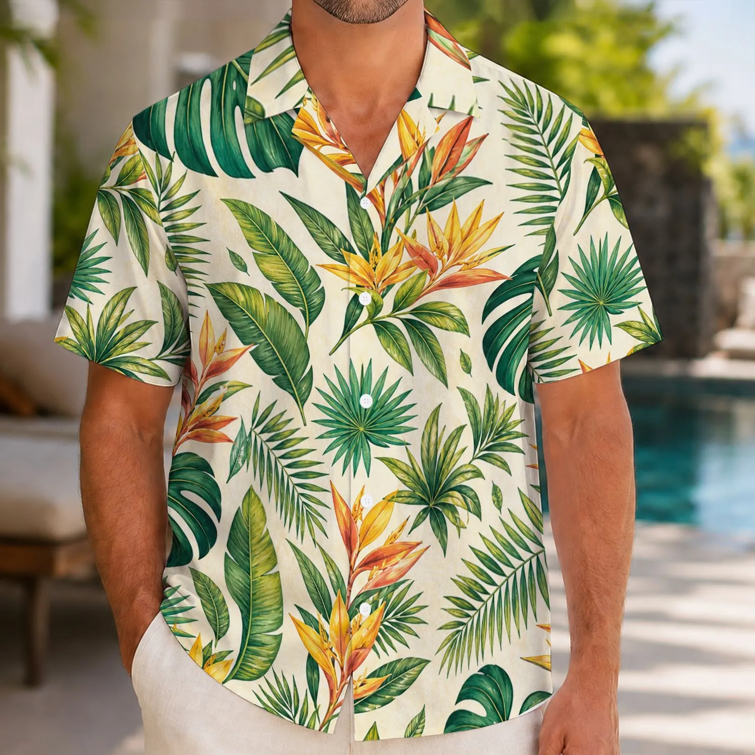 Monstera and Golden Tropical Flowers for Beach Vacations and Resort Days Hawaiian Shirt - 1