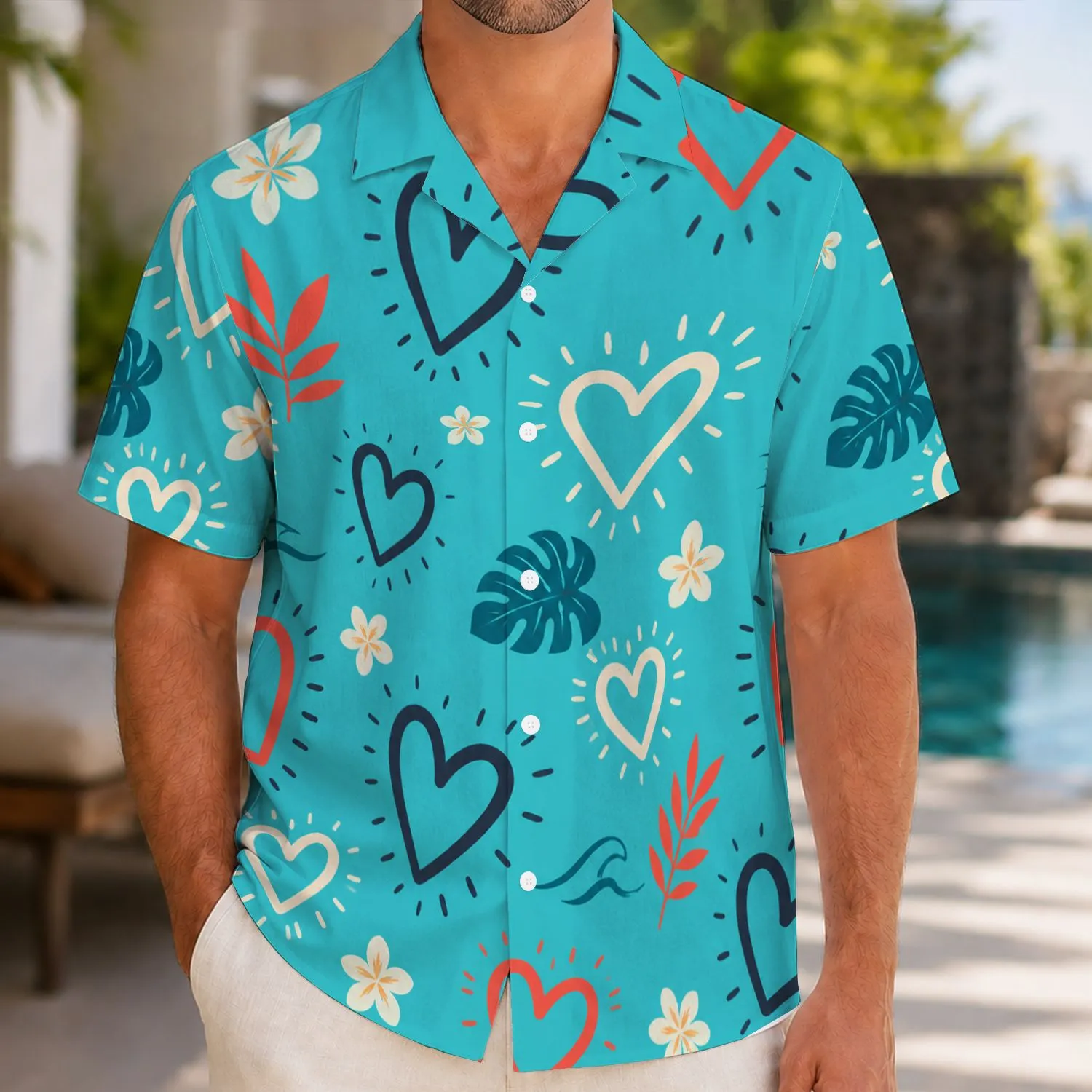 Turquoise Heart Motifs for Beach Getaways and Romantic Summer Days for Men and Couples Hawaiian Shirt - 1