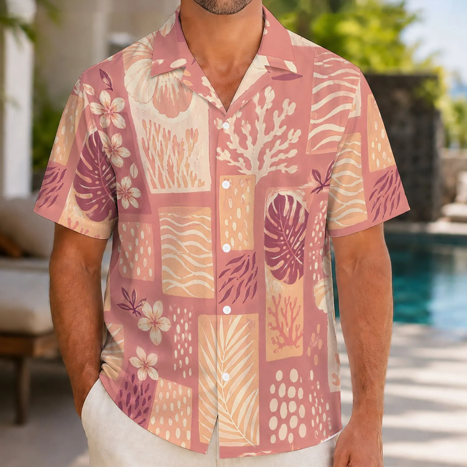 Dusty Rose Island Blocks for Beach Getaways and Resort Weekends, Men's Vacation Wear Hawaiian Shirt - 1
