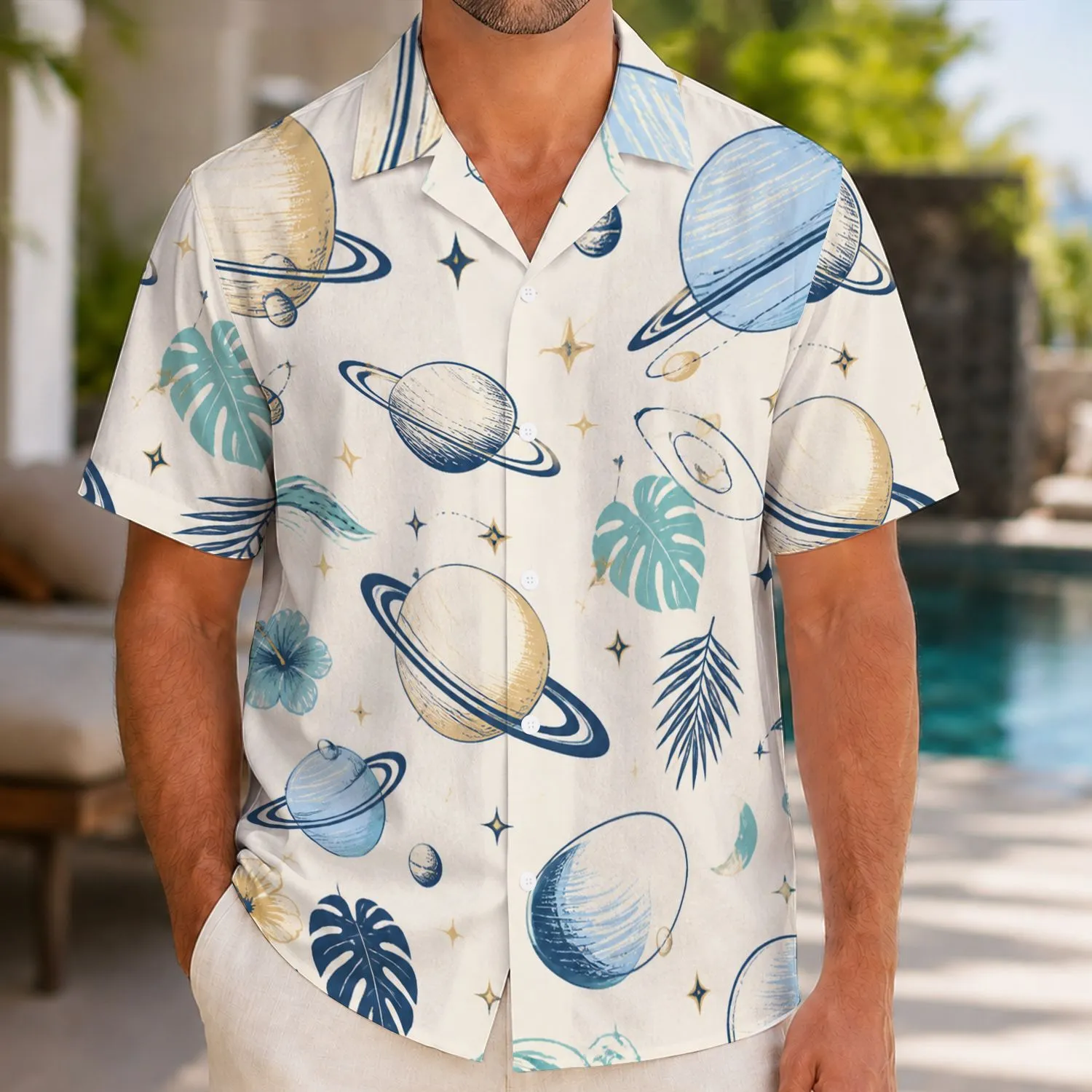 Navy Planet Orbit Motifs for Beach Holidays and Summer Travel, Men’s Vacation Style Hawaiian Shirt - 1