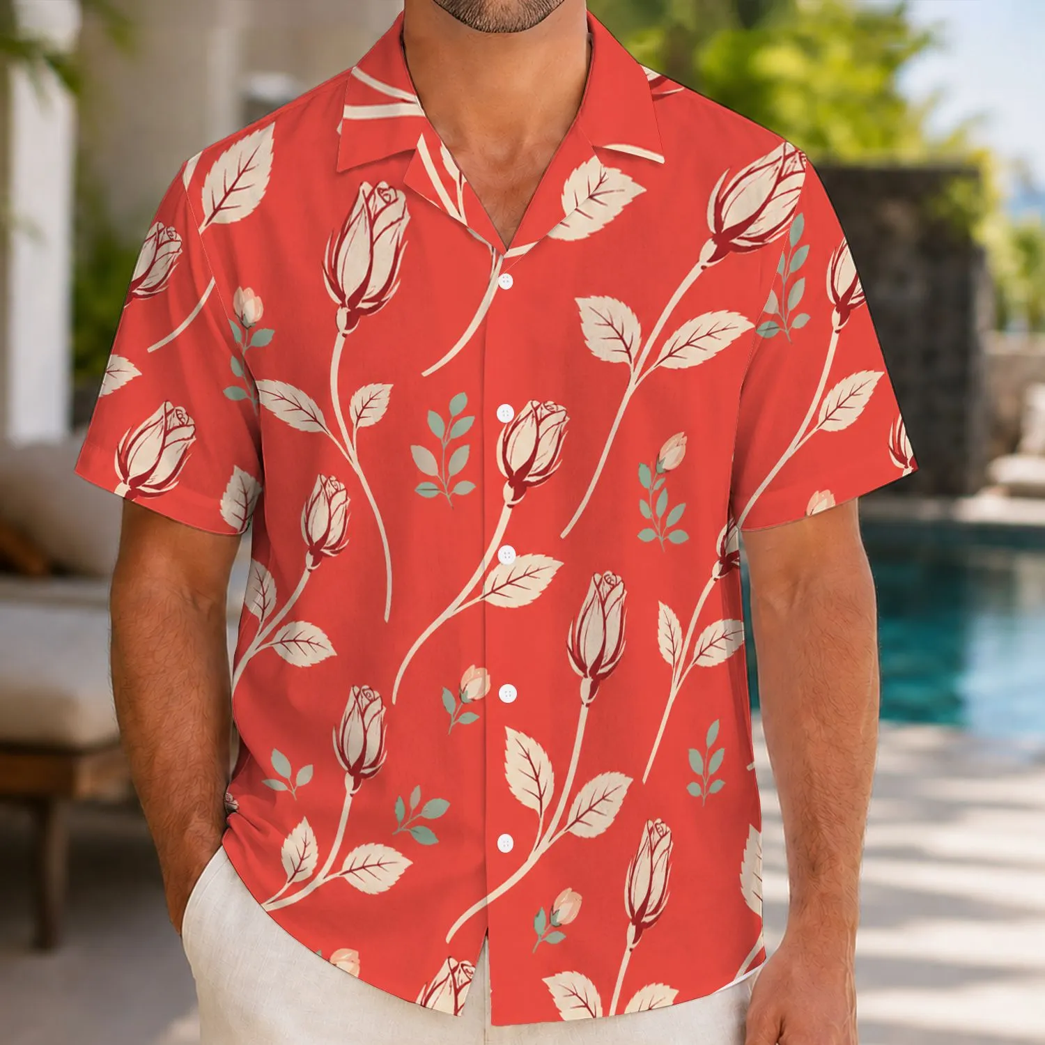 Red Rosebud Vines for Beach Vacations and Resort Weekends, Men’s Summer Wear Hawaiian Shirt - 1