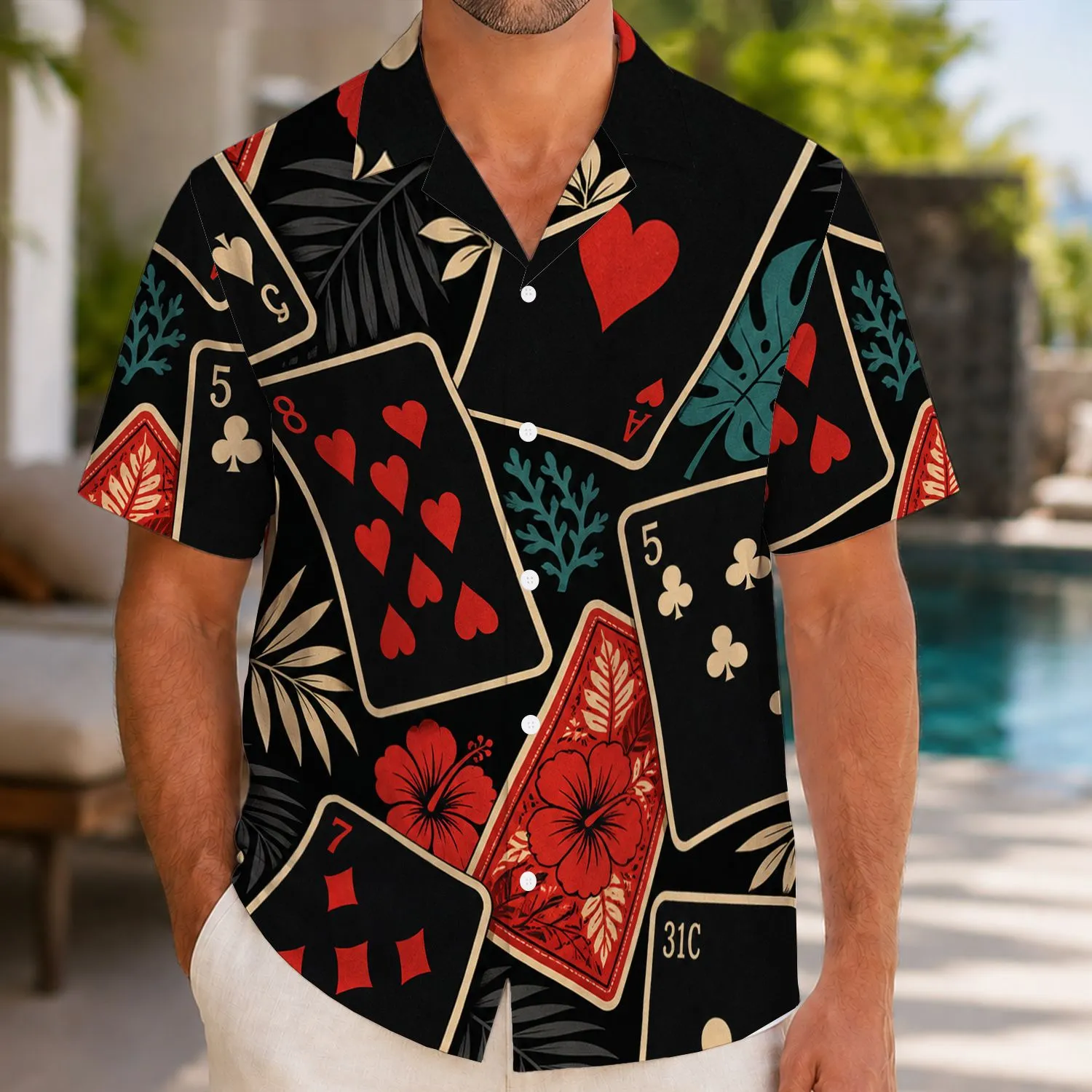 Red Black Playing Cards And Tropical Foliage For Beach Holidays, Men's Resort Style Hawaiian Shirt - 1