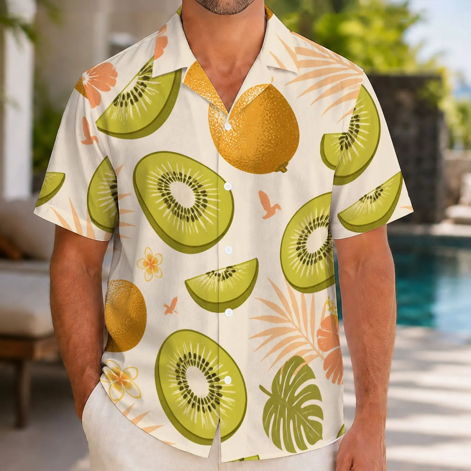 Kiwi Fruit and Palm Frond Motifs for Sunny Beach Getaways and Island Vacations for Men Hawaiian Shirt - 1