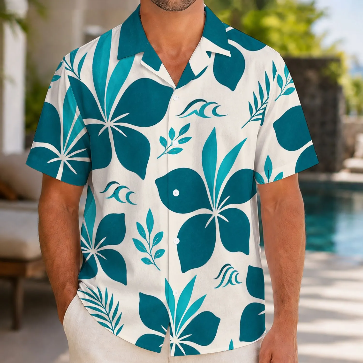 Teal Tropical Flower Motifs for Sunny Island Getaways and Relaxed Coastal Weekends Hawaiian Shirt - 1