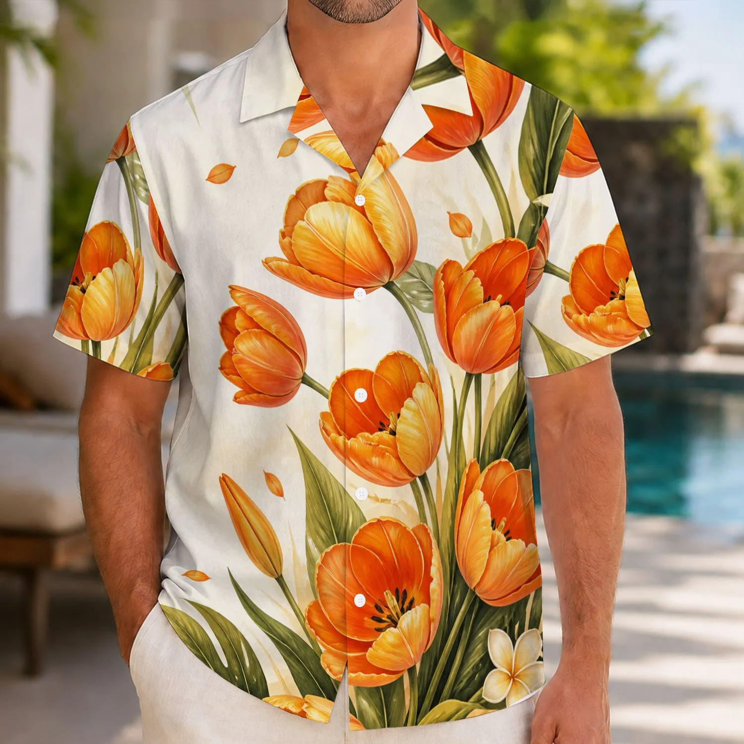 Orange Tulip Bouquet for Beach Vacations and Garden Parties, Men's Summer Casual Gift Hawaiian Shirt - 1