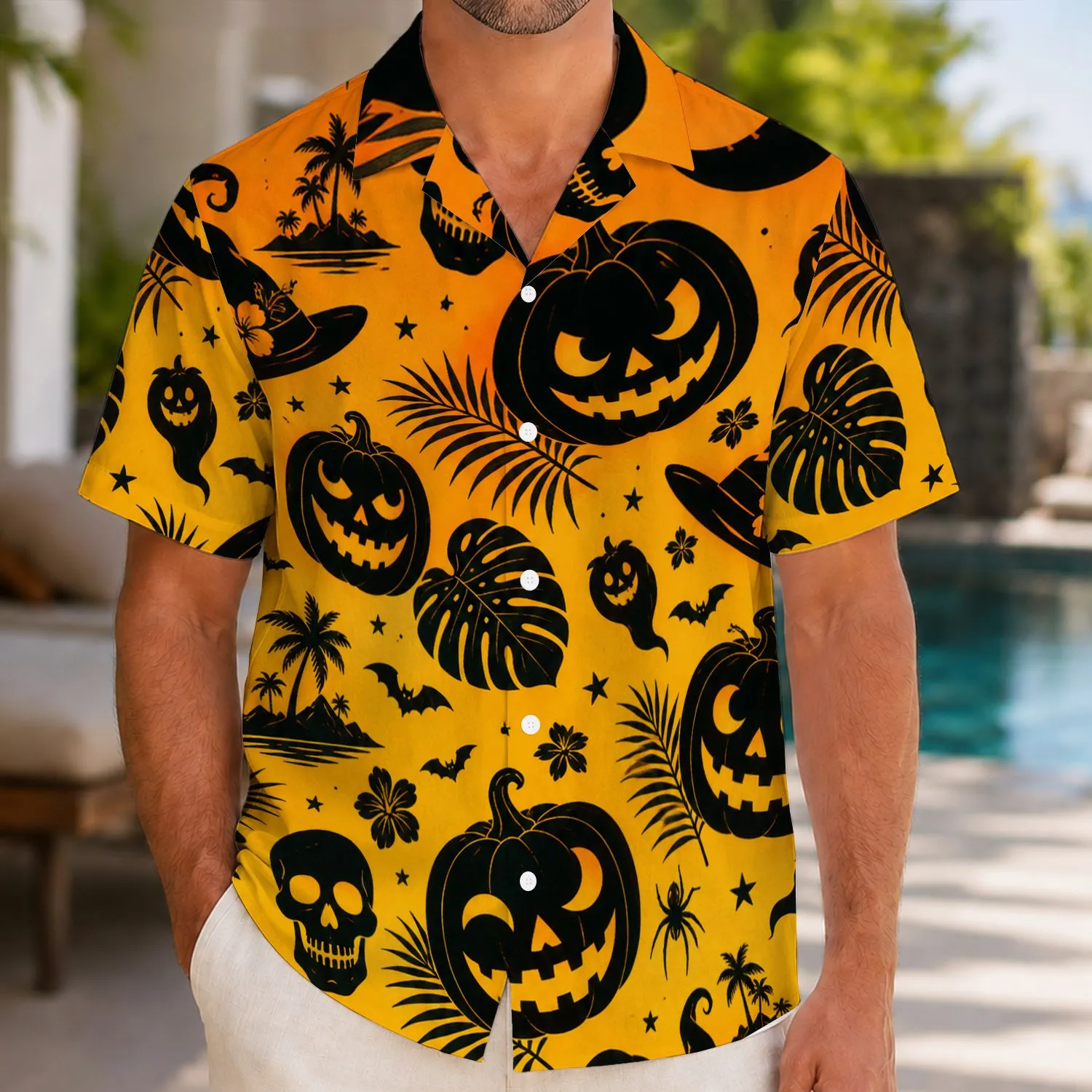 Halloween Pumpkin Bat Moon Motifs for Autumn Vacations, Costume Events and Men's Parties Hawaiian Shirt - 1