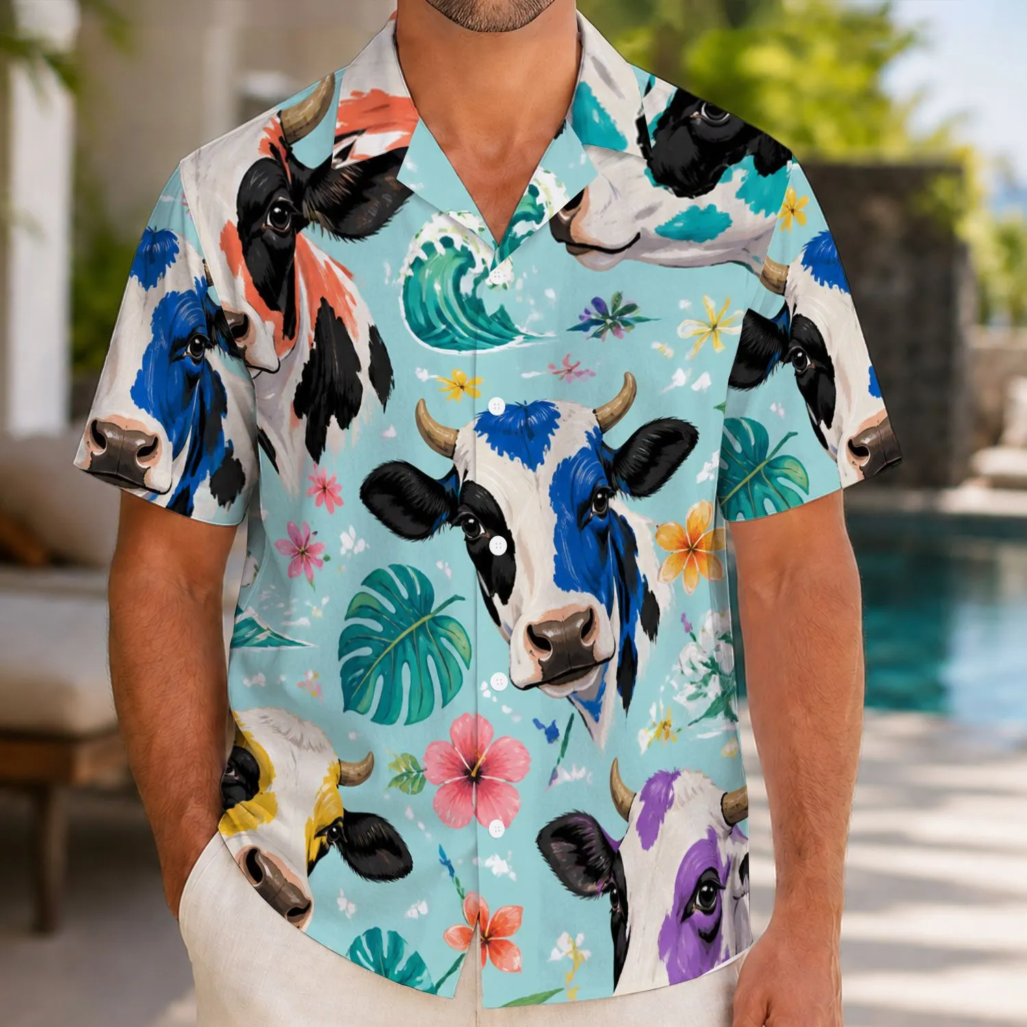 Colorful Cow Faces and Tropical Blossoms for Beach Holidays, Cruises, and Summer Parties Hawaiian Shirt - 1