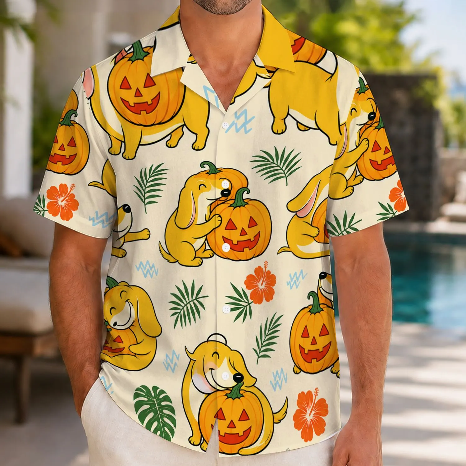Pumpkin Dachshund Halloween Party Style for Men, Beach Vacation and Autumn Festival Wear Hawaiian Shirt - 1
