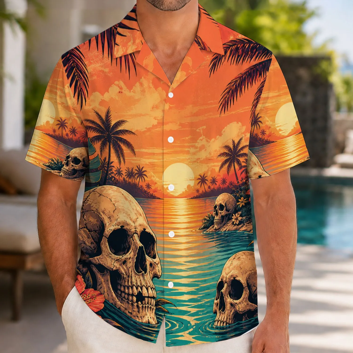 Tropical Skull Lagoon Sunset Escape for Beach Holidays and Island Vacation Style Hawaiian Shirt - 1