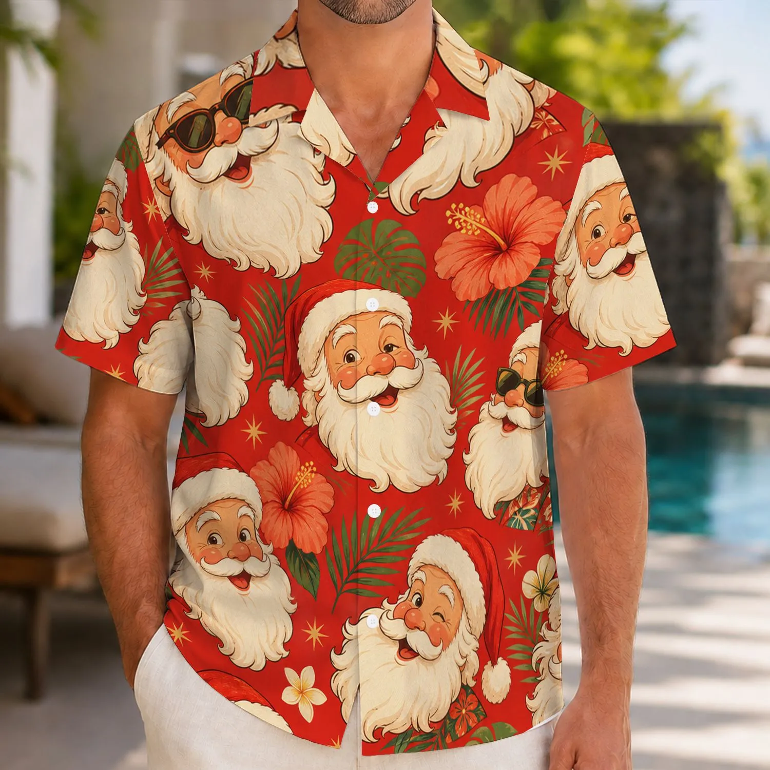 Santa Claus Tropical Holiday Faces for Beach Vacations, Christmas Parties, and Men Hawaiian Shirt - 1
